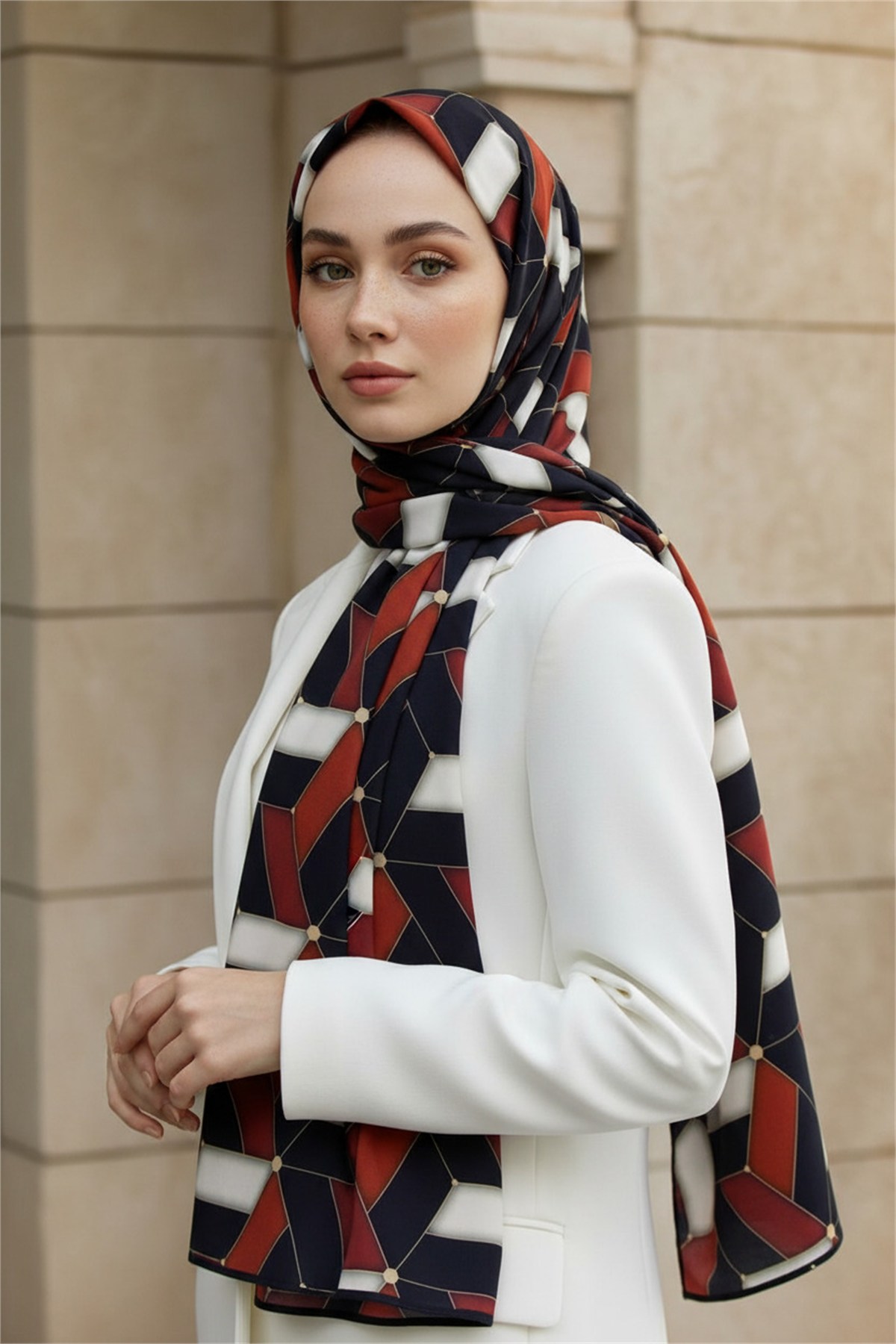 KREP GEOMETRİK DESENLİ KIRMIZI RENKLİ 75X195 KIRIŞMAZ ŞAL