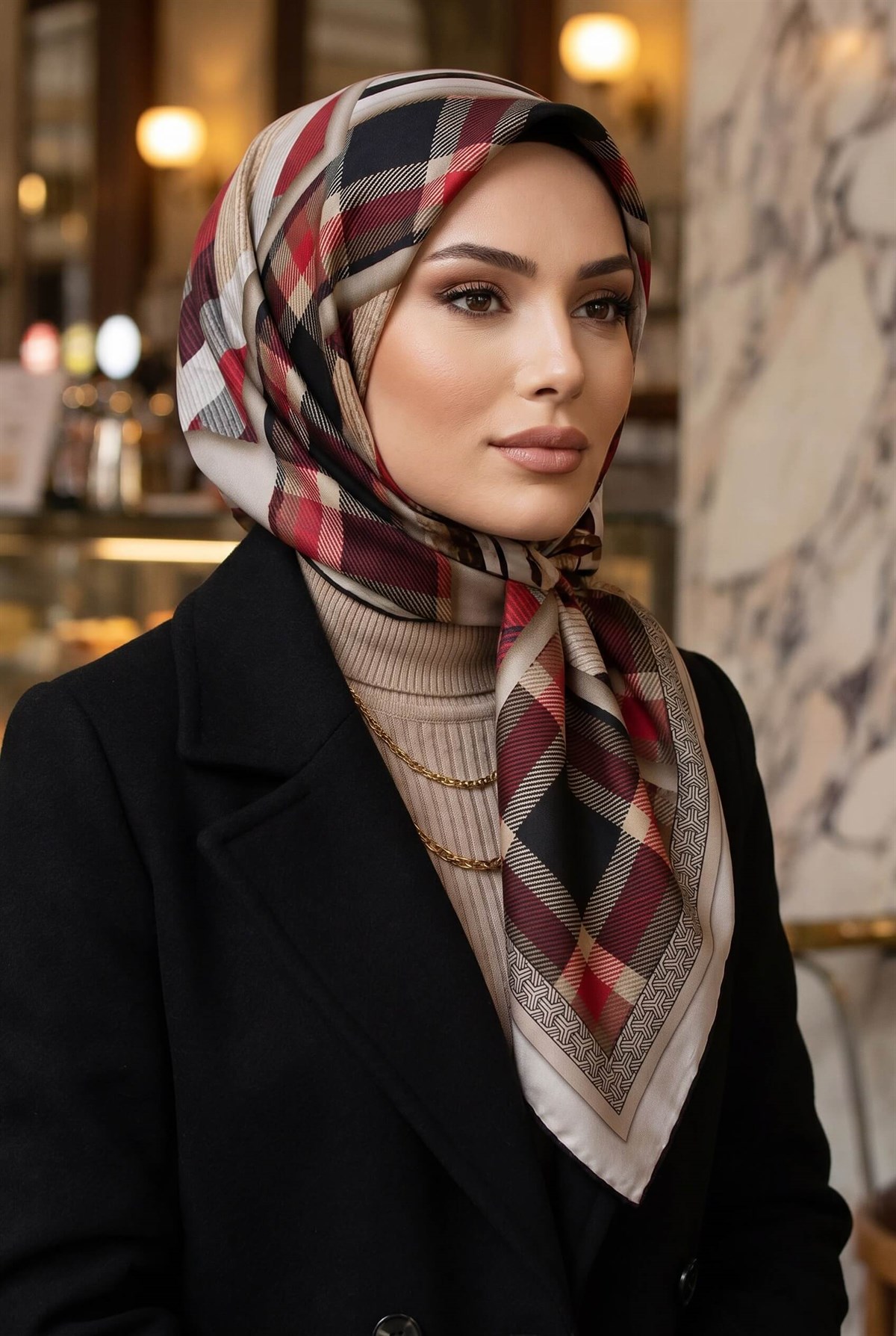%100 Twill İpek Ekose Desenli Bej - Kırmızı Renkli 90x90 Eşarp Dikim Şekli : El Dikişi