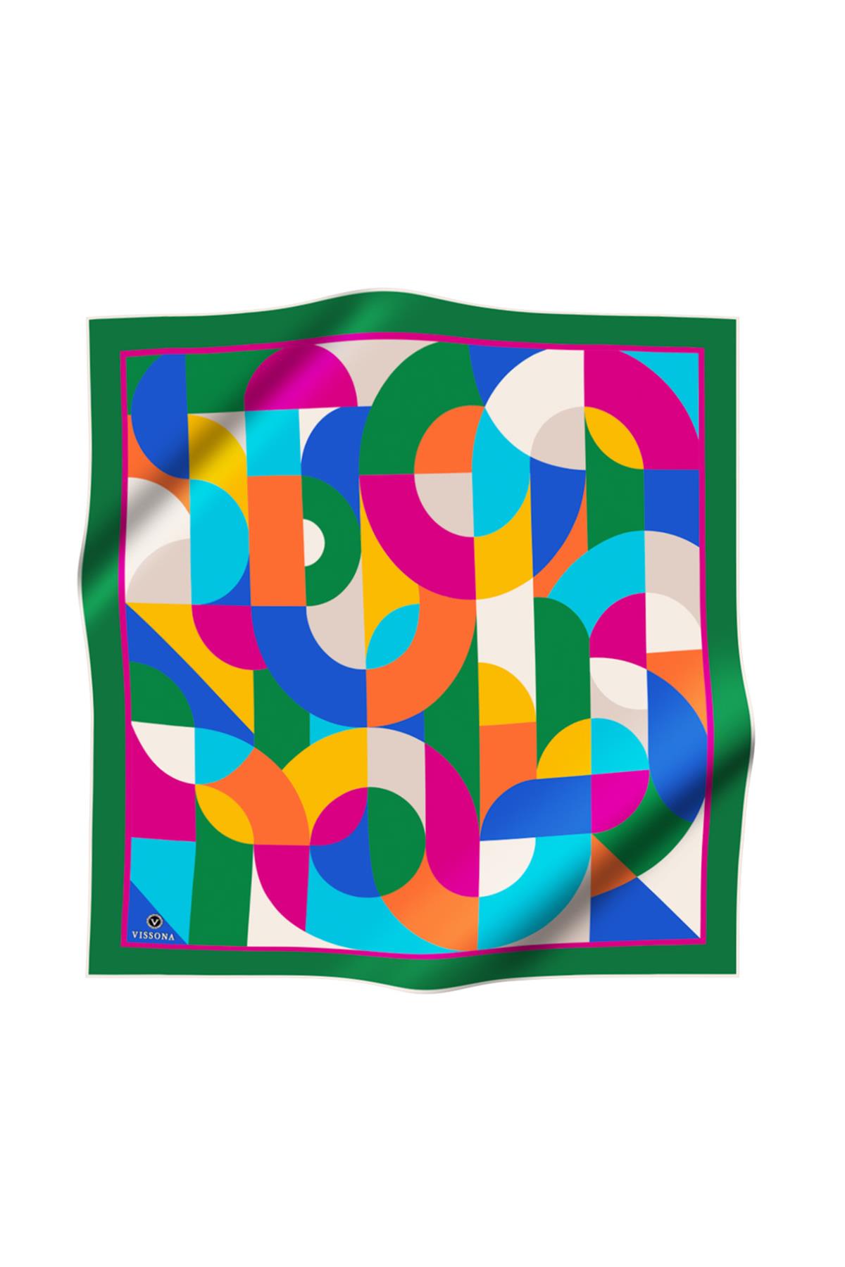 %100 Twill Renk Bloklu Çizgili Desenli Zümrüt Yeşili - Taba Renkli 90x90 Eşarp Dikim Şekli: El Dikişii