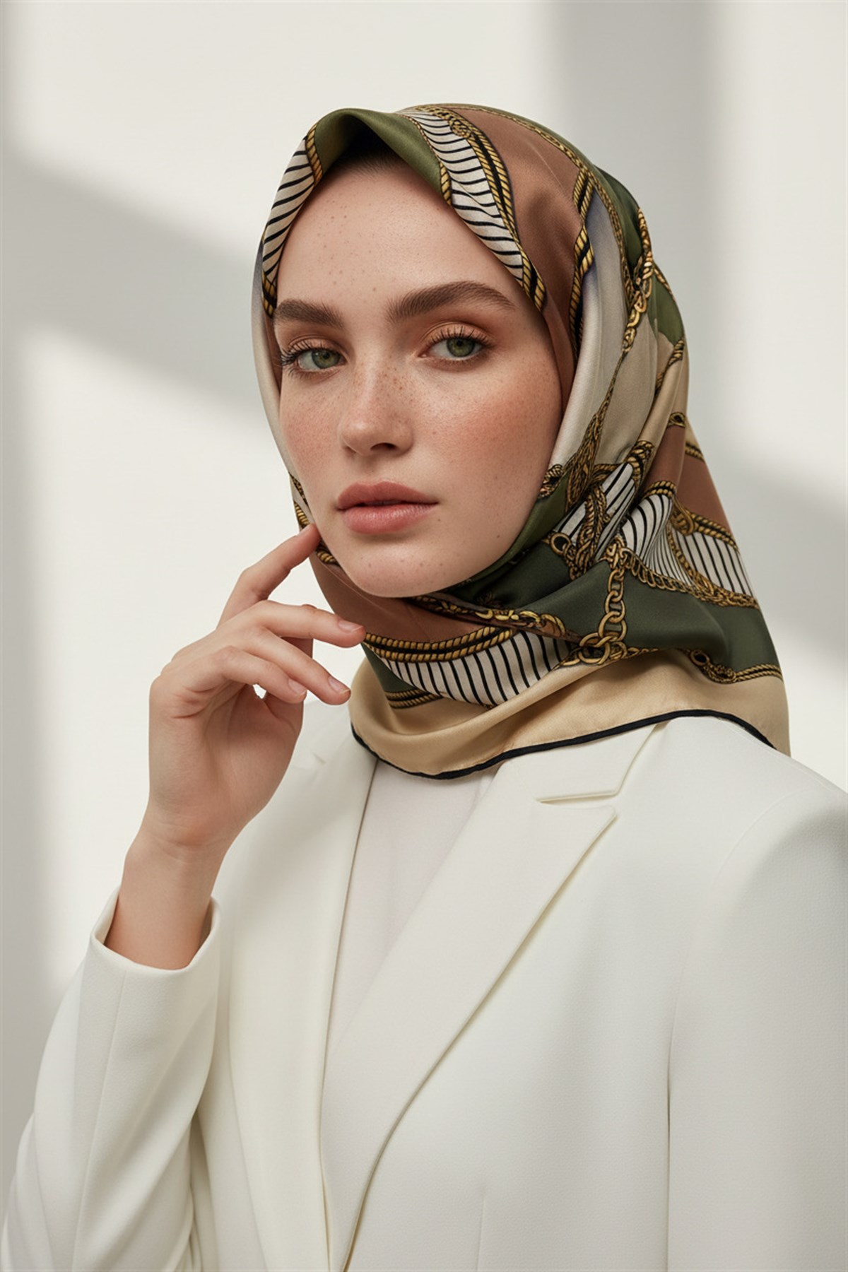 %100 Twill İpek Zincir Detaylı Geometrik Desenli Haki - Bakır Renkli 90x90 Eşarp Dikim Şekli : El Dikişi