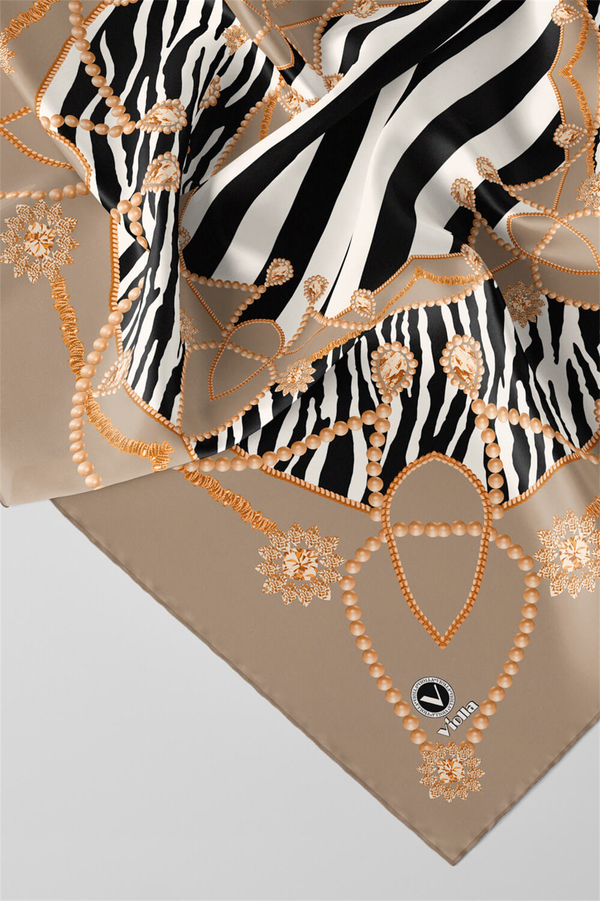 Twill Gold Detaylı Zebra Desenli Bej Renkli 90x90 Eşarp (İpek İçermez) Kenar Dikiş Şekli El Dikişli