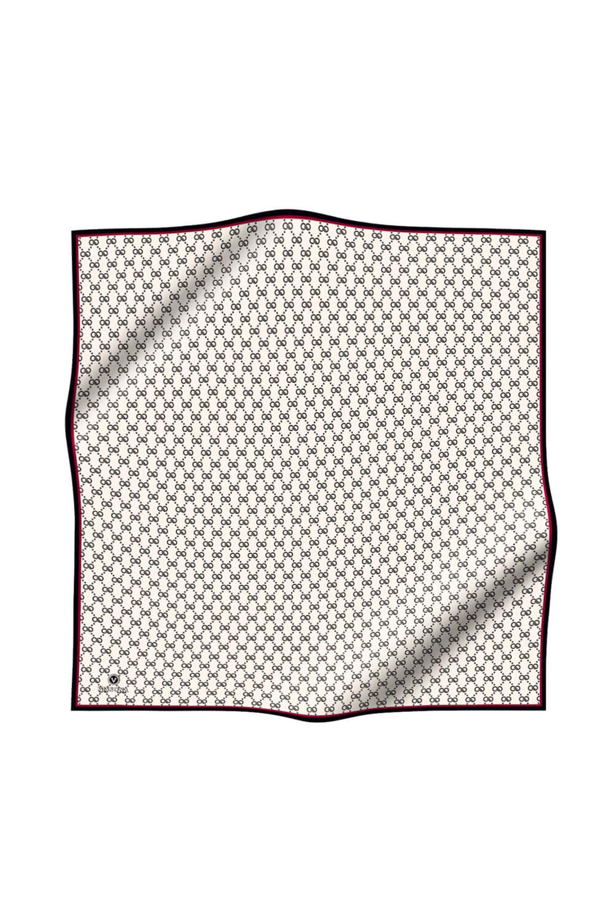 %100 Twill İpek Geometrik Desenli Siyah - Krem Renkli 90x90 Eşarp Dikim Şekli : El Dikişi