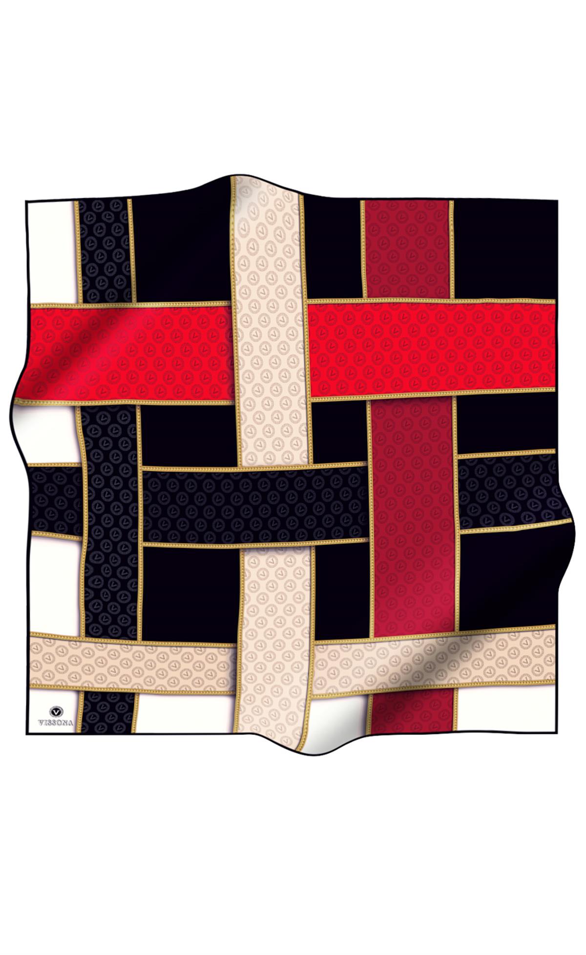 %100 Twill İpek Geometrik Desenli Siyah - Kırmızı Renkli 90x90 Eşarp Dikim Şekli : El Dikişi