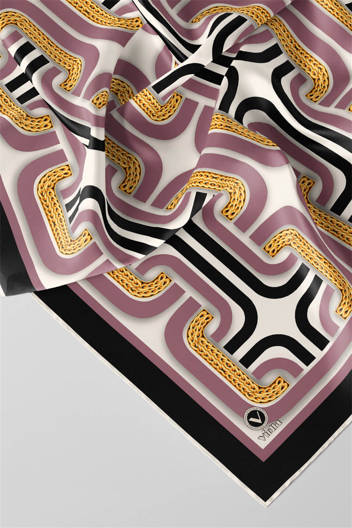 Twill Geometrik Zincir Desenli Pembe Renkli 90x90 Eşarp (İpek İçermez) Kenar Dikiş Şekli El Dikişli