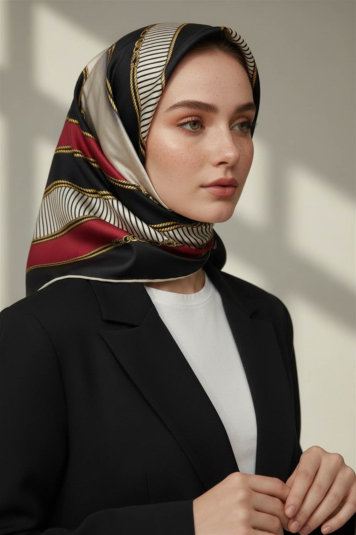 % 57 İPEK % 43 VİSKON Twill İpek Zincir Detaylı Geometrik Desenli Bordo - Siyah Renkli 90x90 Eşarp Dikim Şekli : El Dikişi