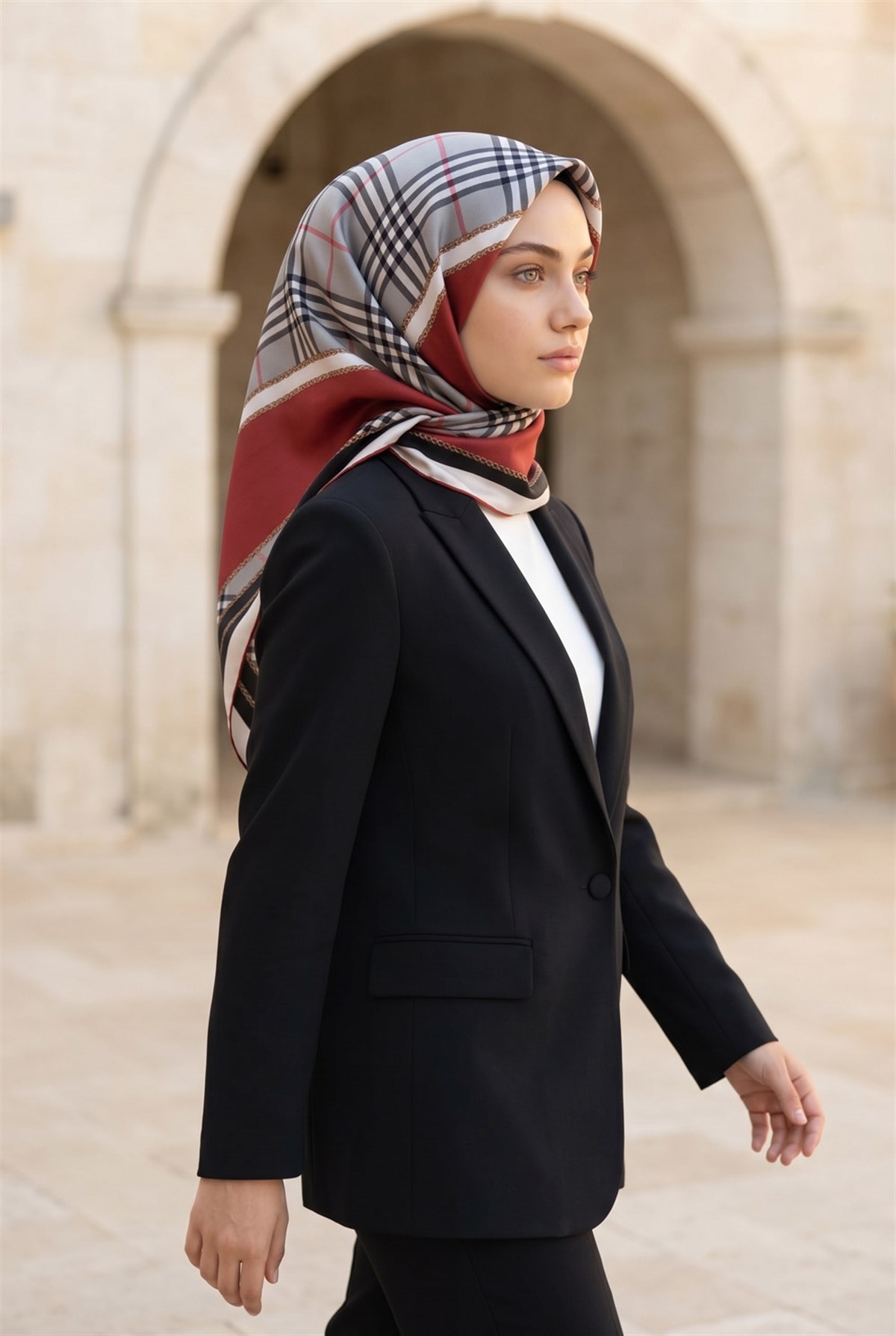 %100 Twill İpek Ekose Desenli Bordo Renkli 90x90 Eşarp Dikim Şekli : El Dikişi