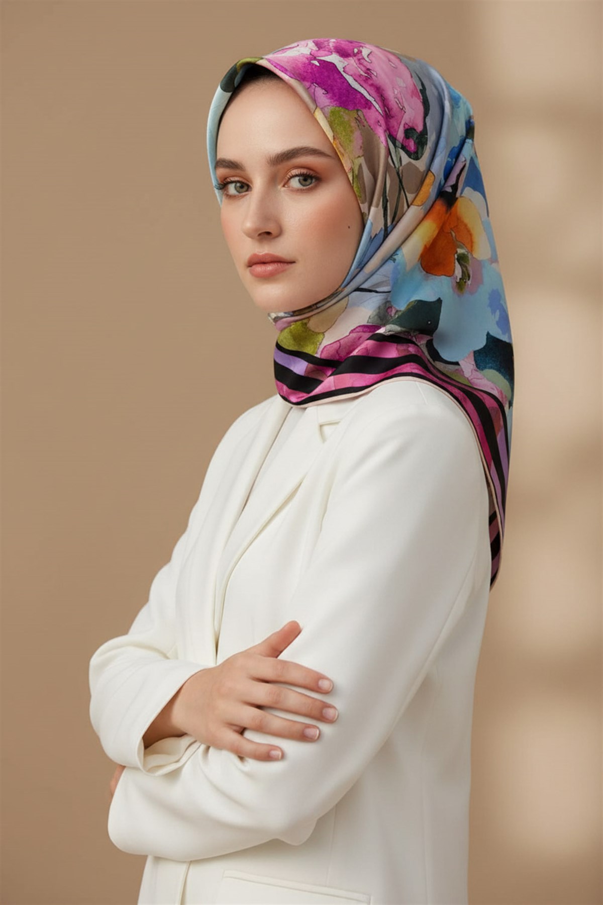%100 Twill İpek Sulu Boyalı Çiçek Desenli Pembe - Bebe Mavisi Renkli 90x90 Eşarp Dikim Şekli : El Dikişi