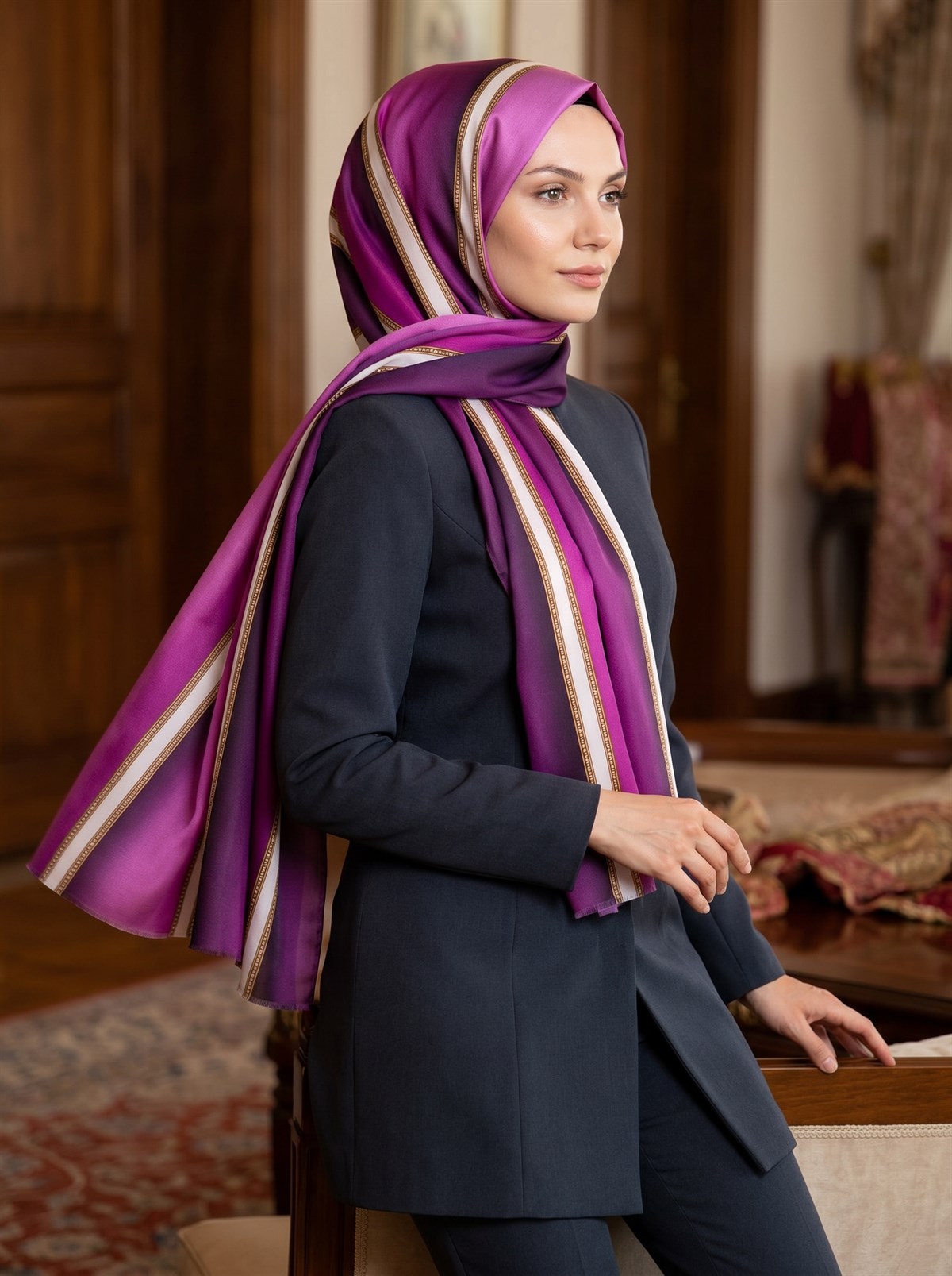 %100 Saf İpek Şal İnce Saten Vual Dokuma Şerit Desenli Mürdüm - Krem Renkli 90x210 Şal