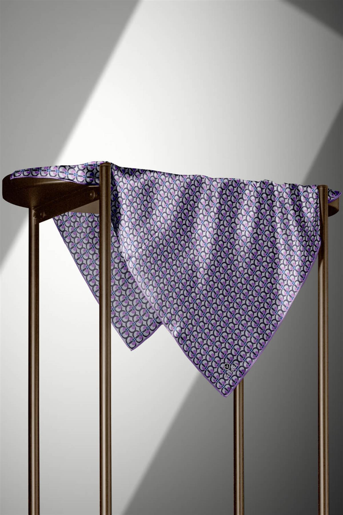 %100 Twill İpek Geometrik Desenli Lila Renkli 90x90 Eşarp Dikim Şekli : El Dikişi