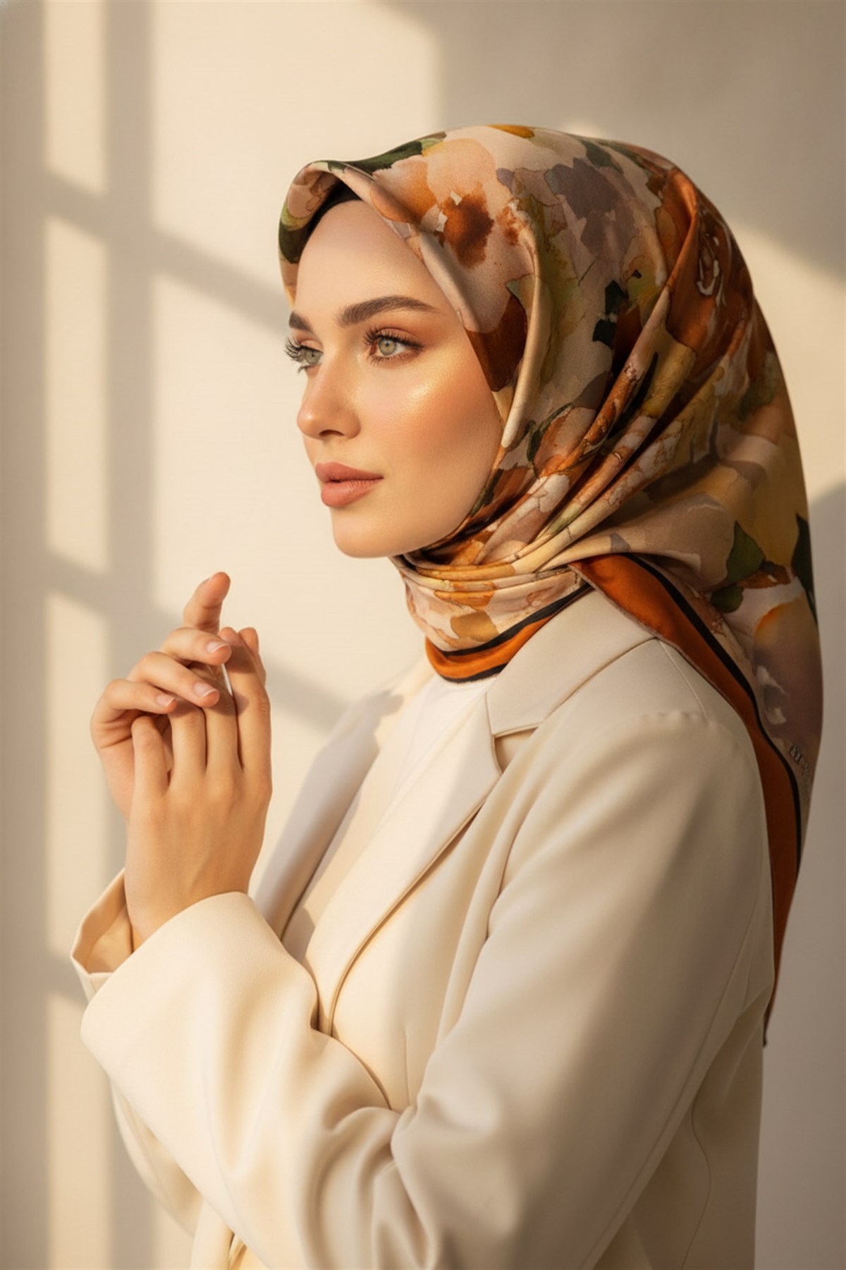 %100 Twill İpek Sulu Boyalı Çiçek Desenli Turuncu - Gold Renkli 90x90 Eşarp Dikim Şekli : El Dikişi
