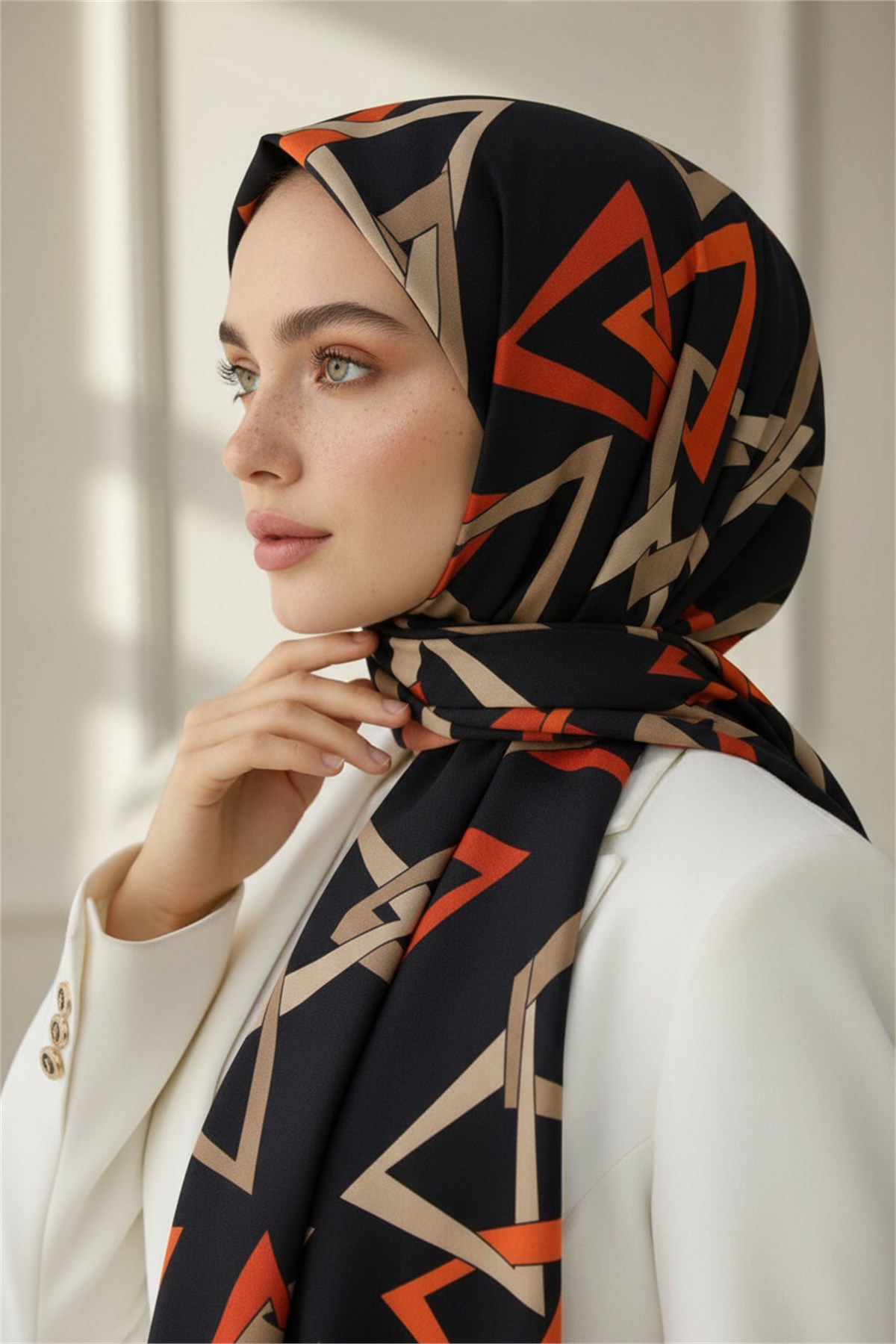 KREP GEOMETRİK DESENLİ TURUNCU RENKLİ 75X195 KIRIŞMAZ ŞAL