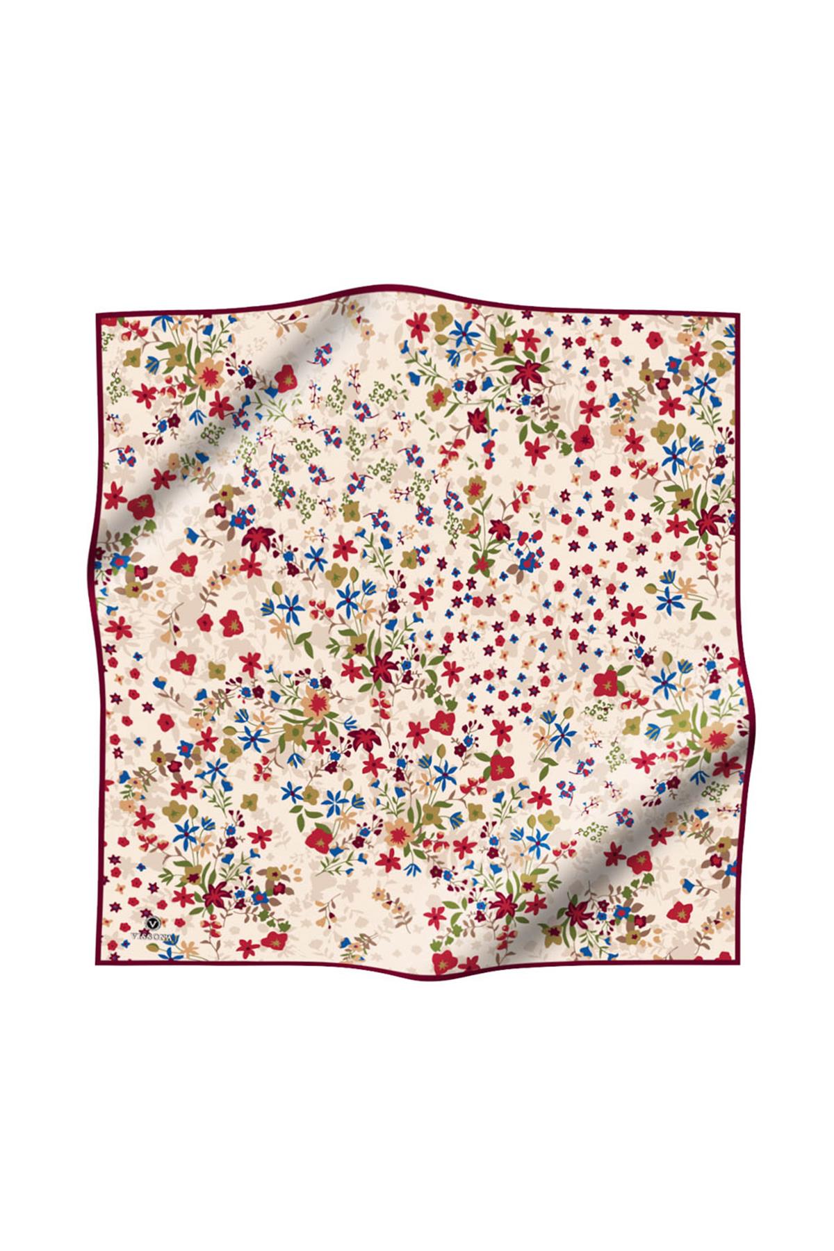 %100 Twill İpek Çıtır Çiçek Desenli Krem - Bordo Renkli 90x90 Eşarp Dikim Şekli : El Dikişi
