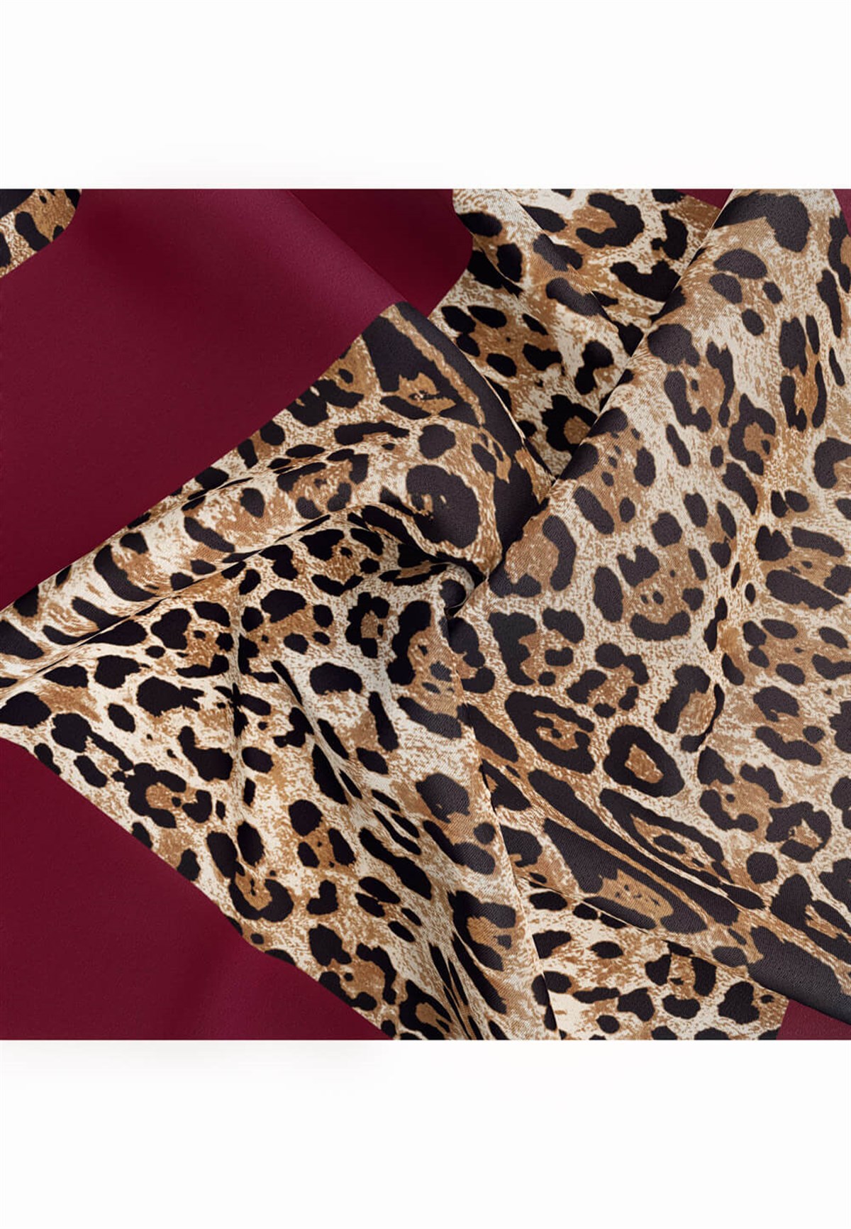%100 Twill İpek Leopar Desenli Bordo Renkli 90x90 Eşarp Dikim Şekli : El Dikişi