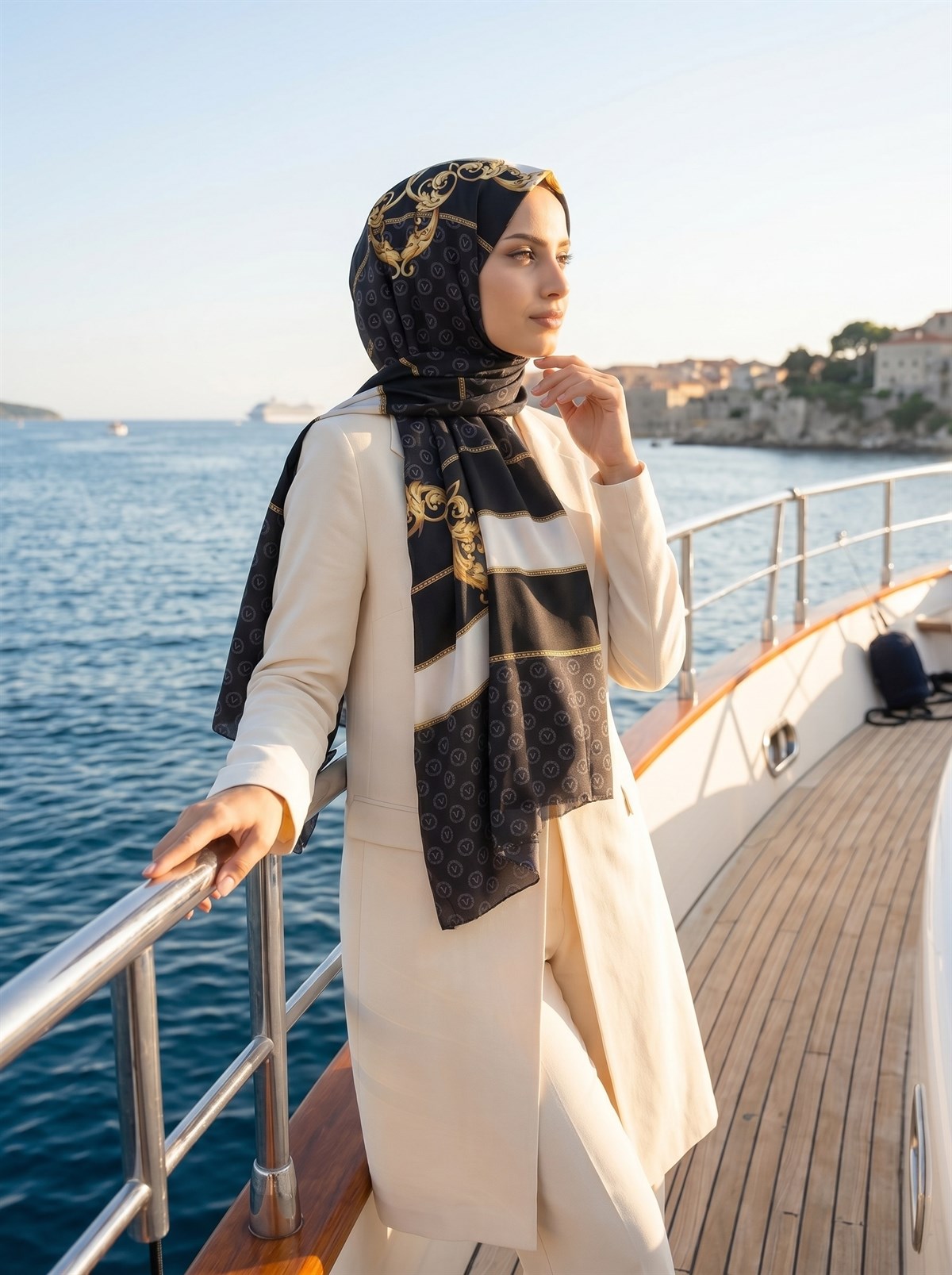 %100 İpek Monogram Ve Varak Desenli Siyah - Gold Renkli 92x210 Şal