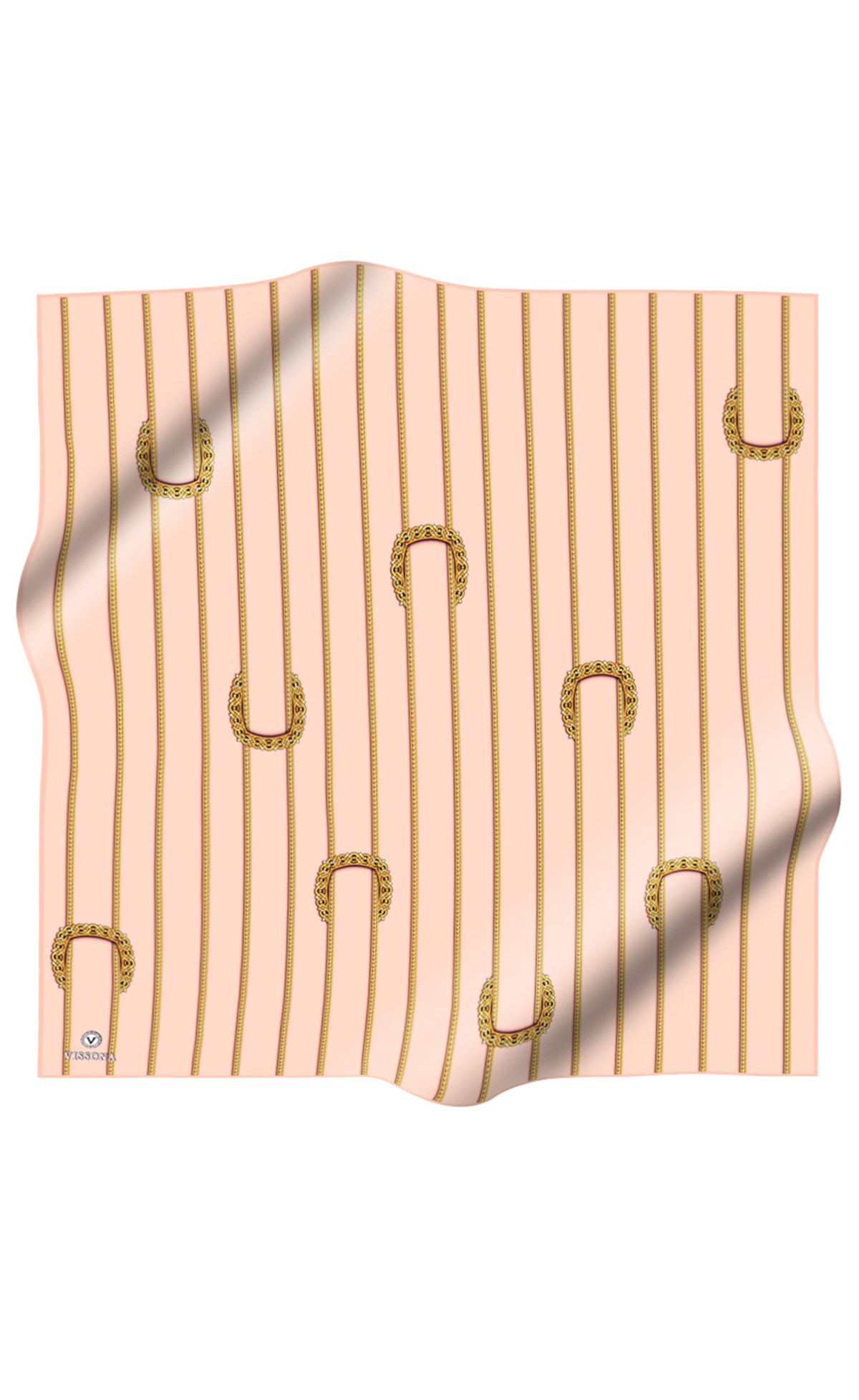 %100 Twill İpek Kemer Desenli Gold - Somon Renkli 90x90 Eşarp Dikim Şekli : El Dikişi