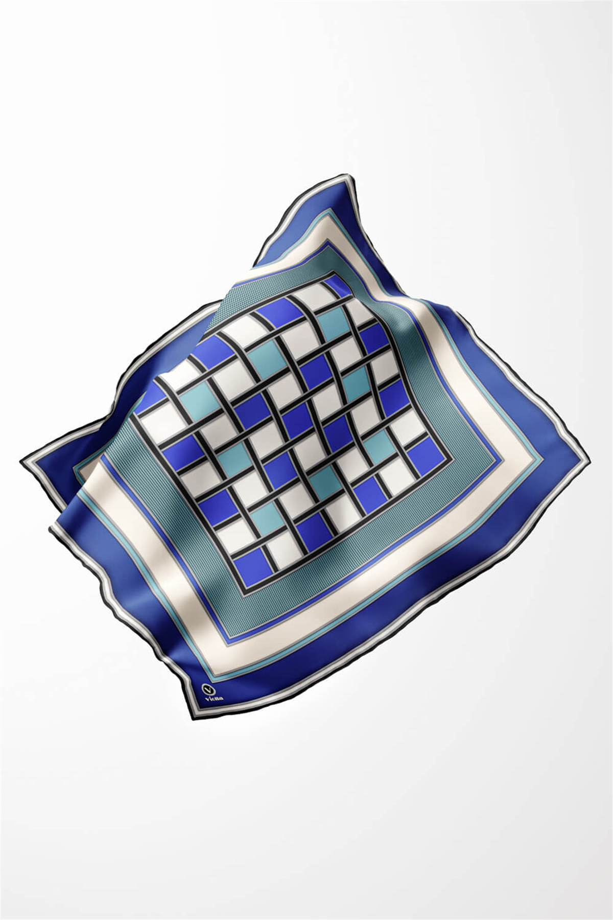 Twill Kare Desenli Saks - Su Yeşili  Renkli 90x90 Dikim Şekli : El Dikişi Eşarp (İpek İçermez)