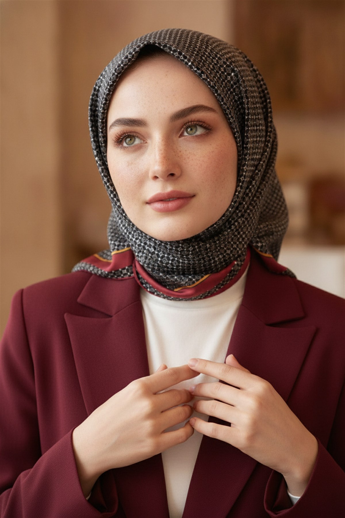 %100 Twill İpek Minik Motif Desenli Siyah - Bordo Renkli 90x90 Eşarp Dikim Şekli : El Dikişi