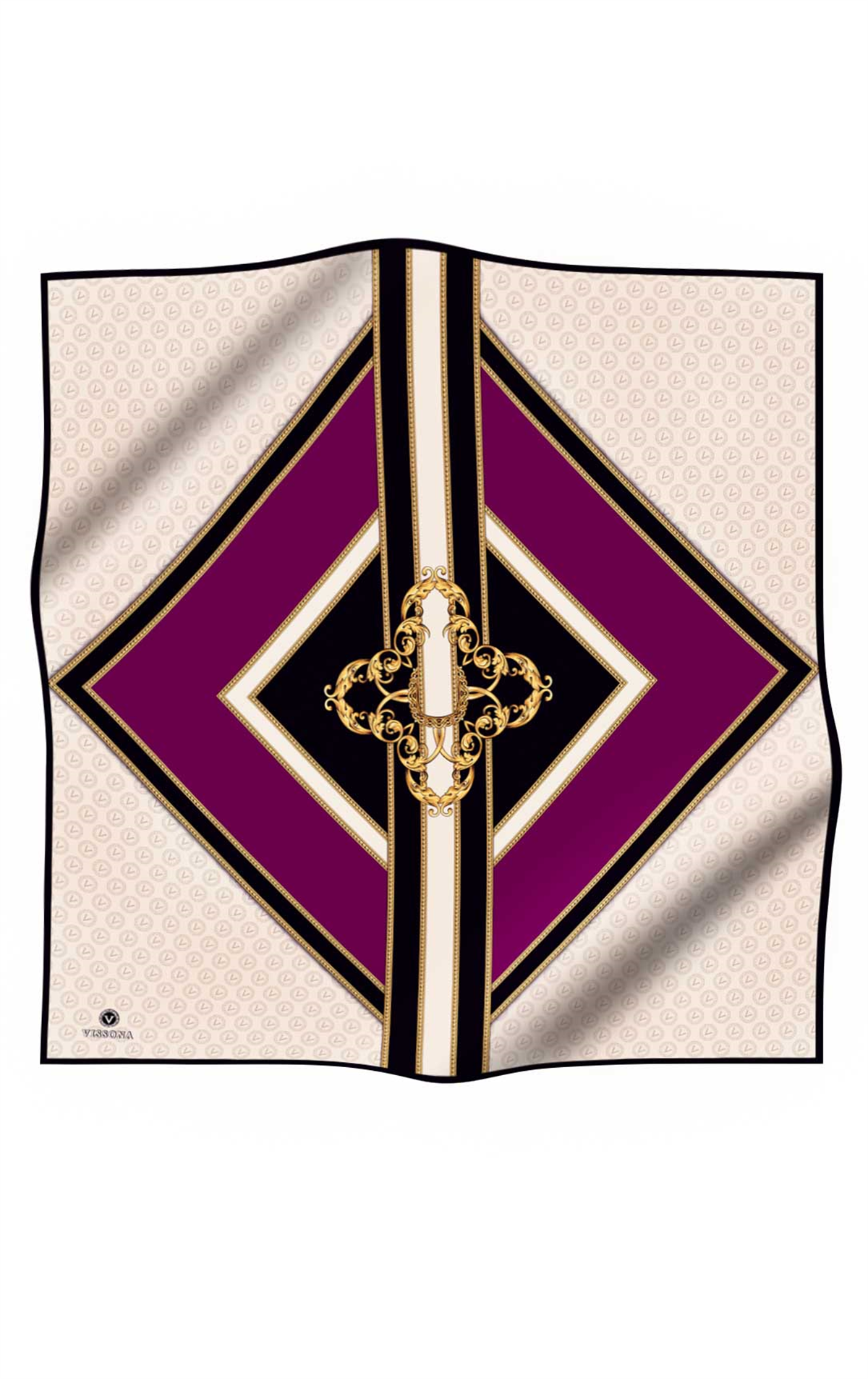 %100 Twill İpek Monogram ve Barok Desenli Mürdüm - Krem Renkli 90x90 Eşarp Dikim Şekli : El Dikişi