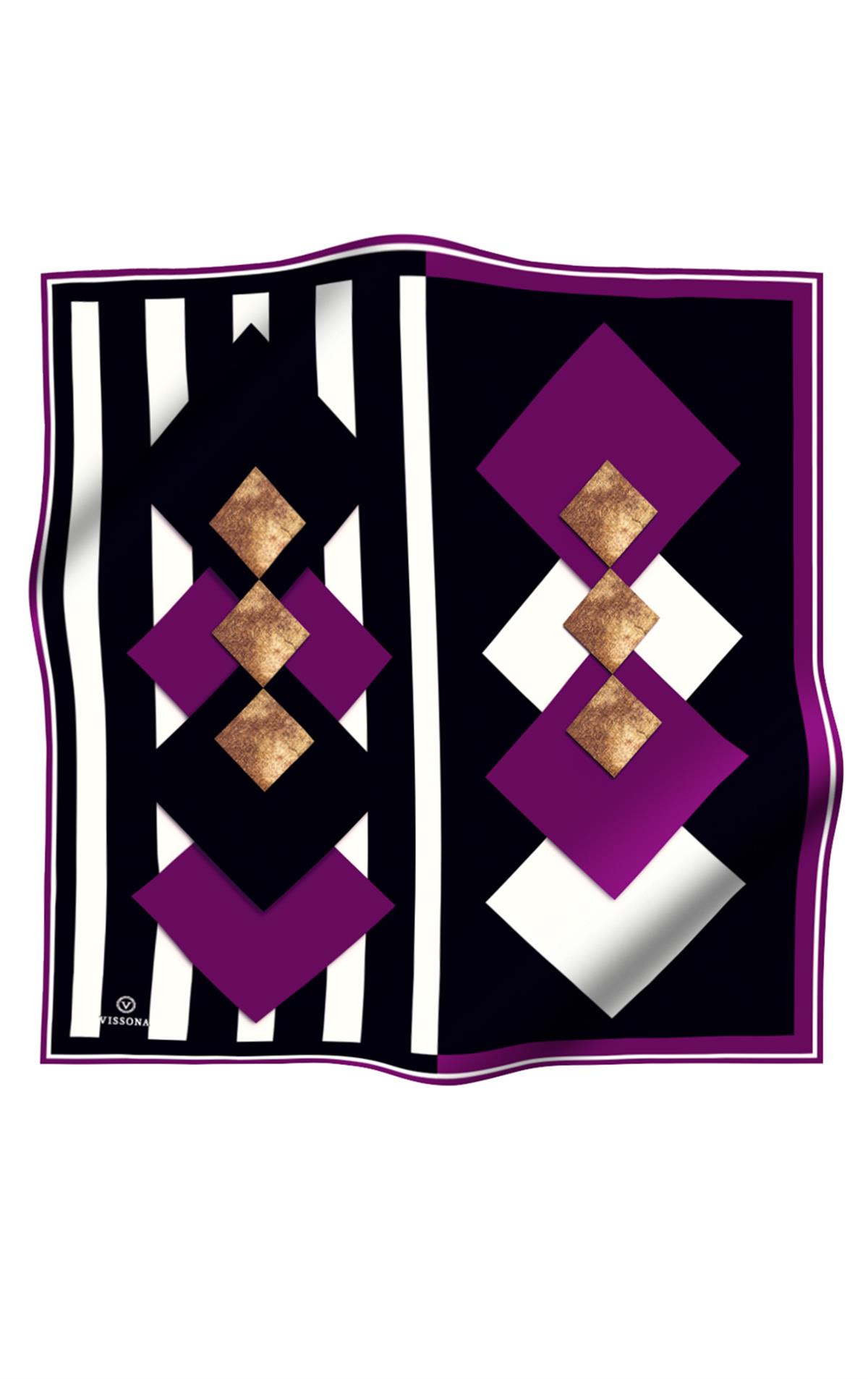 %100 Twill İpek Karo Desenli Mürdüm - Siyah Renkli 90x90 Eşarp Dikim Şekli : El Dikişi