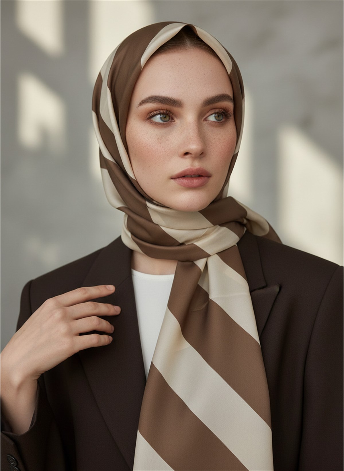 %100 Saf İpek Şal İnce Saten Vual Dokuma Çizgili Desenli Vizon - Krem Renkli 90x210 Şal