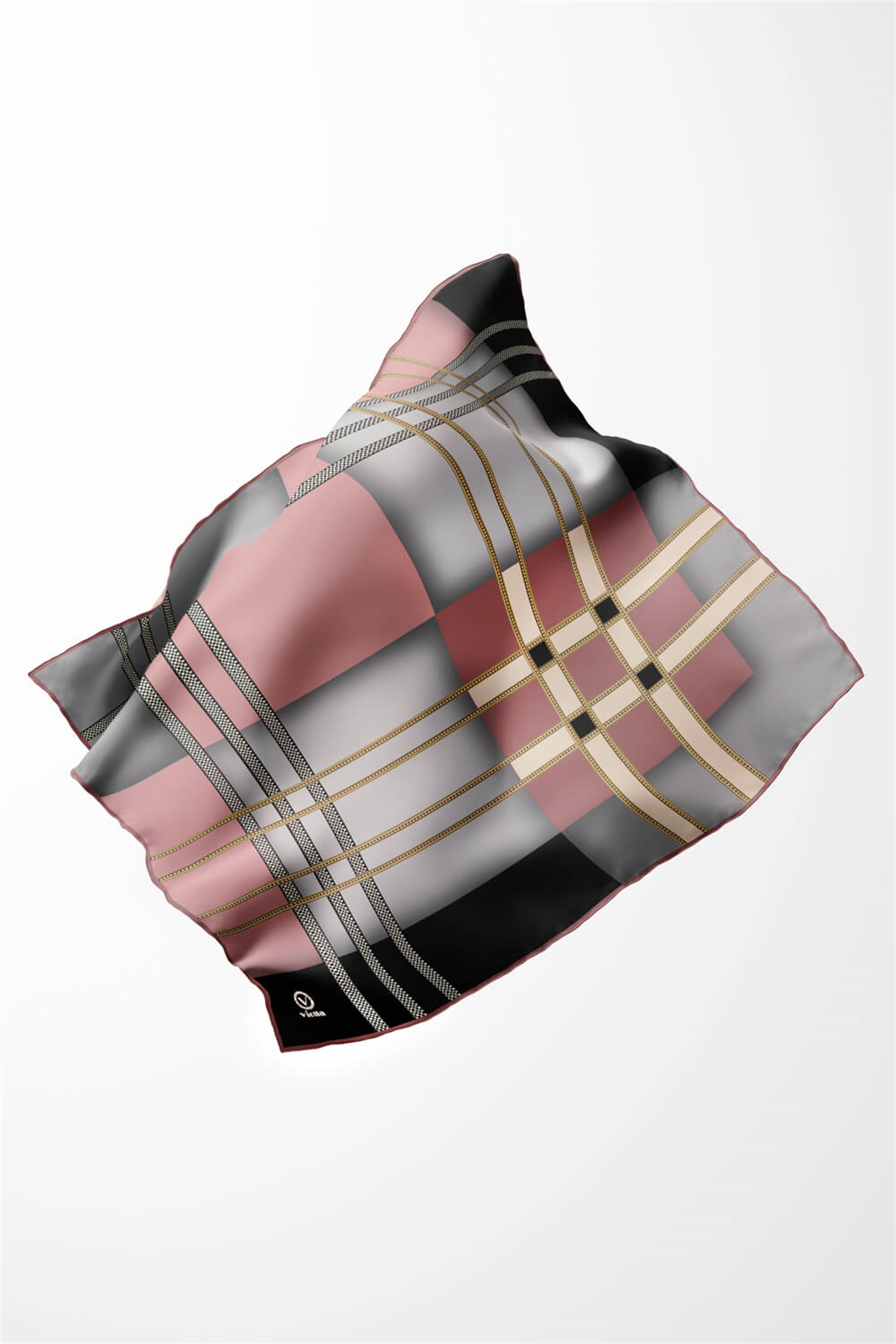 Twill Geometrik Desenli Gri - Pudra Renkli 90x90 Eşarp (İpek İçermez) Kenar Dikiş Şekli El Dikişli