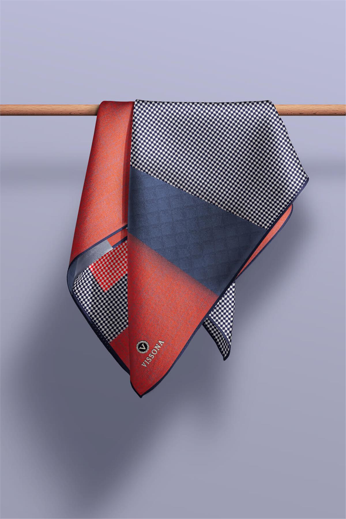 %100 Twill İpek Kazayaklı Ve Geometrik Desenli Kırmızı - İndigo Renkli 90x90 Eşarp Dikim Şekli : El Dikişi