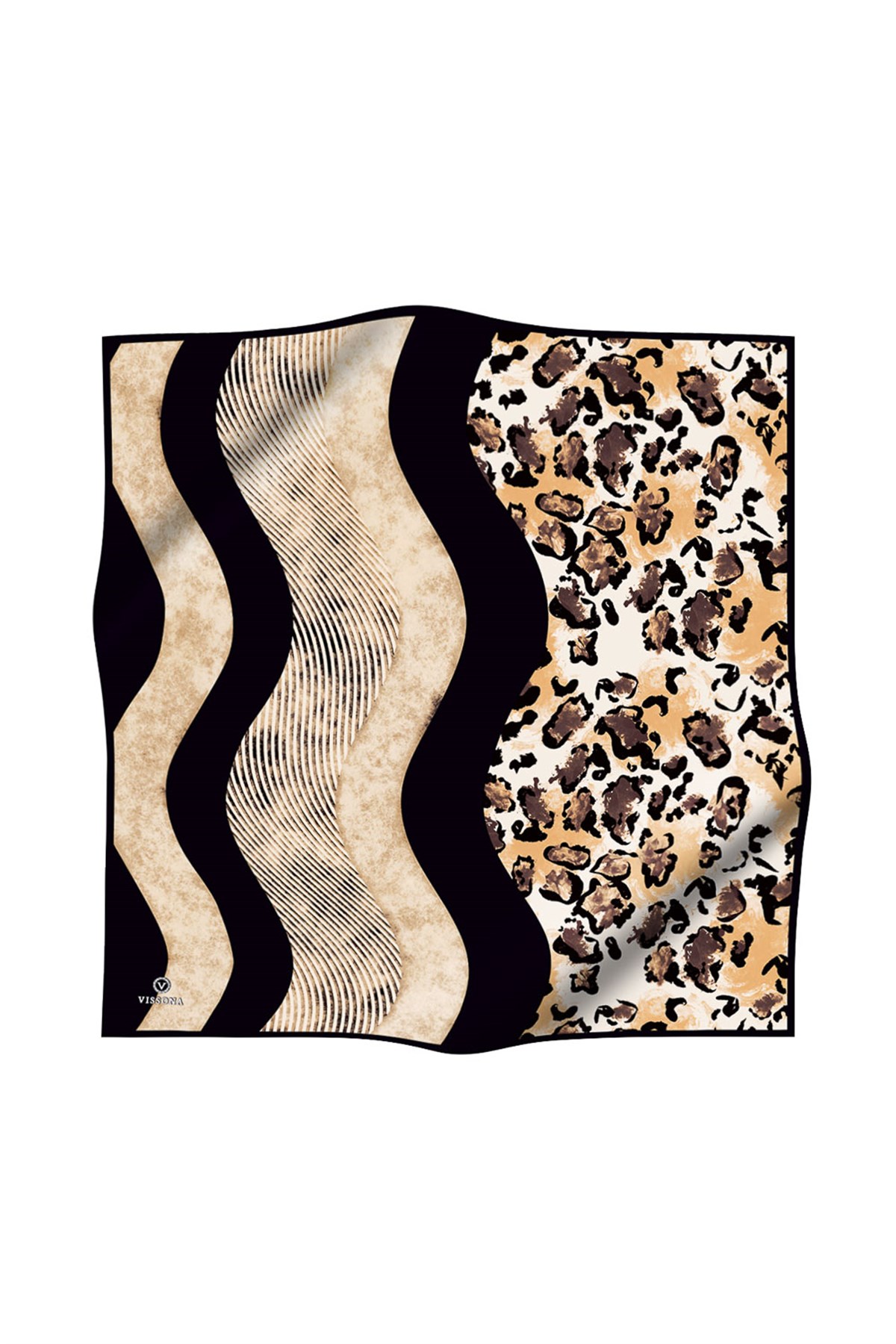 %100 Twill İpek Leopar Ve Geometrik Desenli Hardal Renkli 90x90 Eşarp Dikim Şekli : El Dikişi