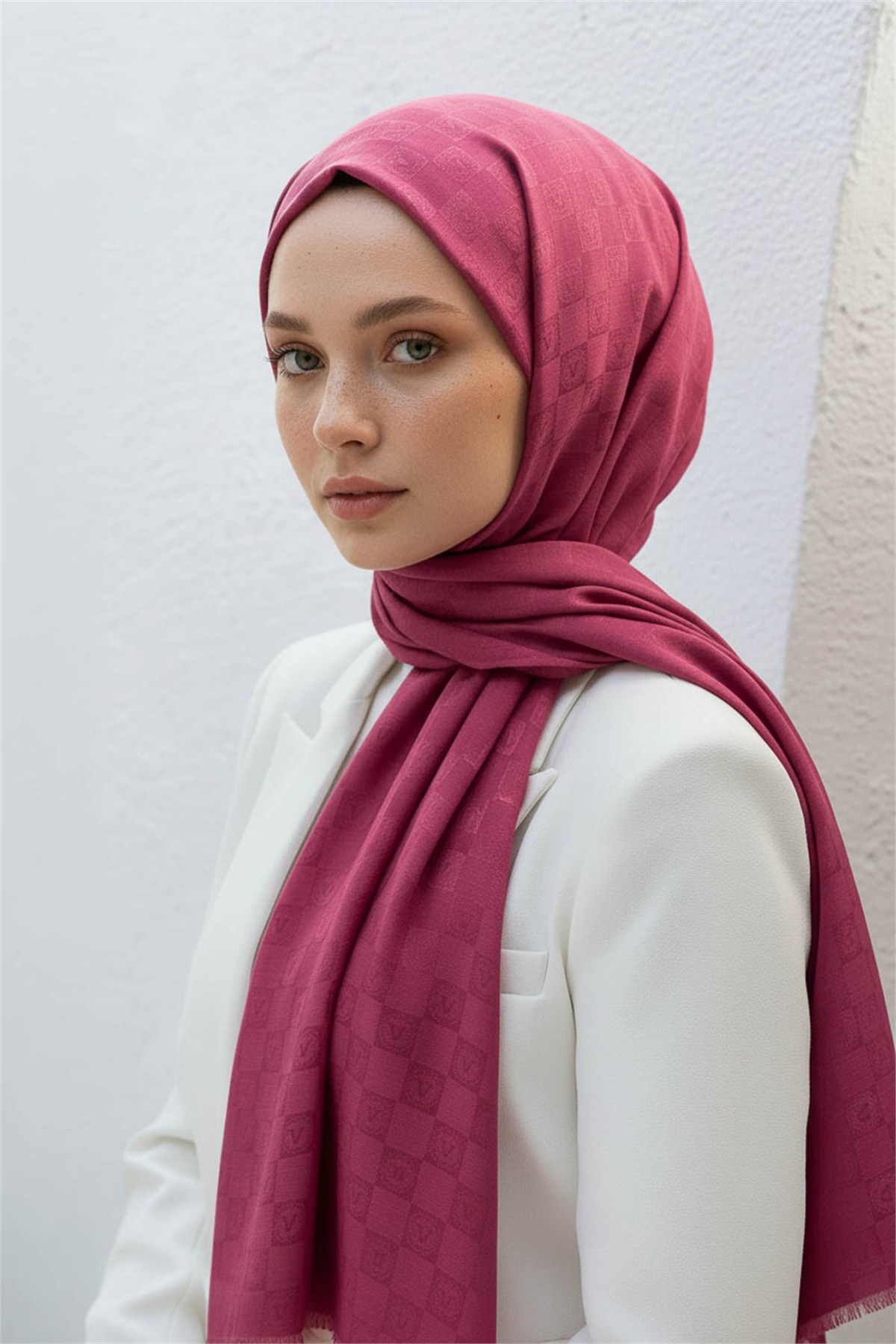 Vissona %57 İPEK %43 PAMUK Monogram Desenli Şarabi Renkli Şal -  70x190 Dikiş Tipi İtalyan Dikişli