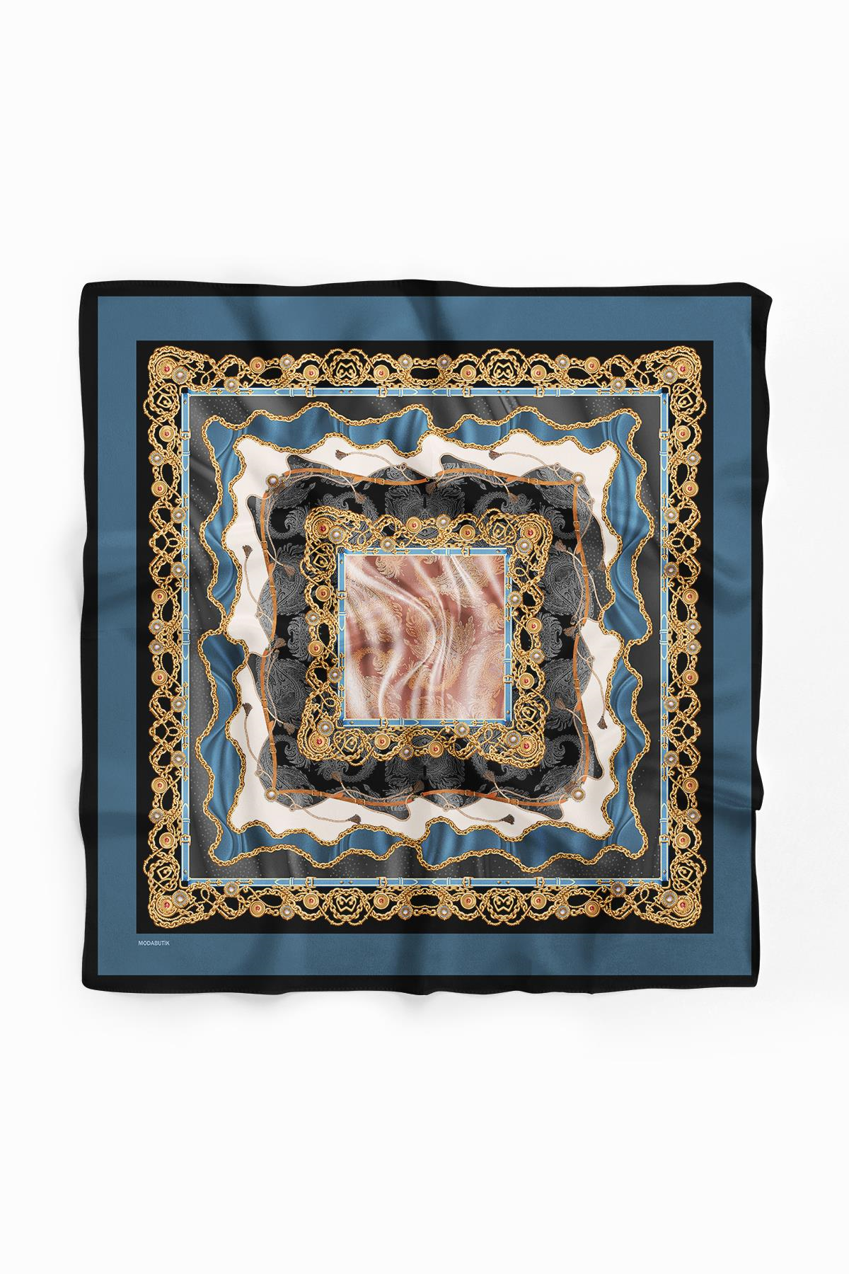 D117 Kadın Zincir  Desenli Bandana 50x50 Mavi DG0222-22 Snz