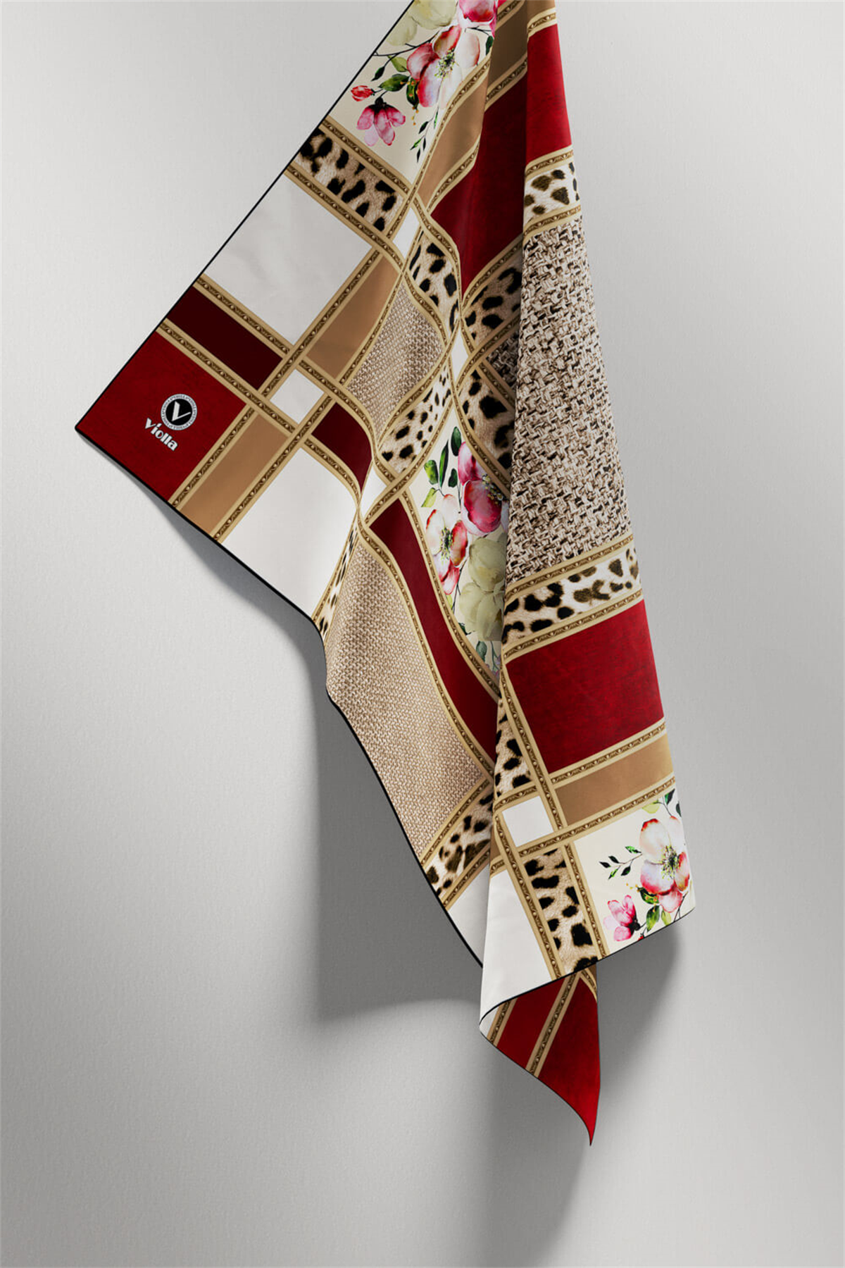 Twill Leopar ve Çiçek Desenli Bordo - Bej Renkli 90x90 Eşarp (İpek İçermez) Dikim Şekli : El Dikişi