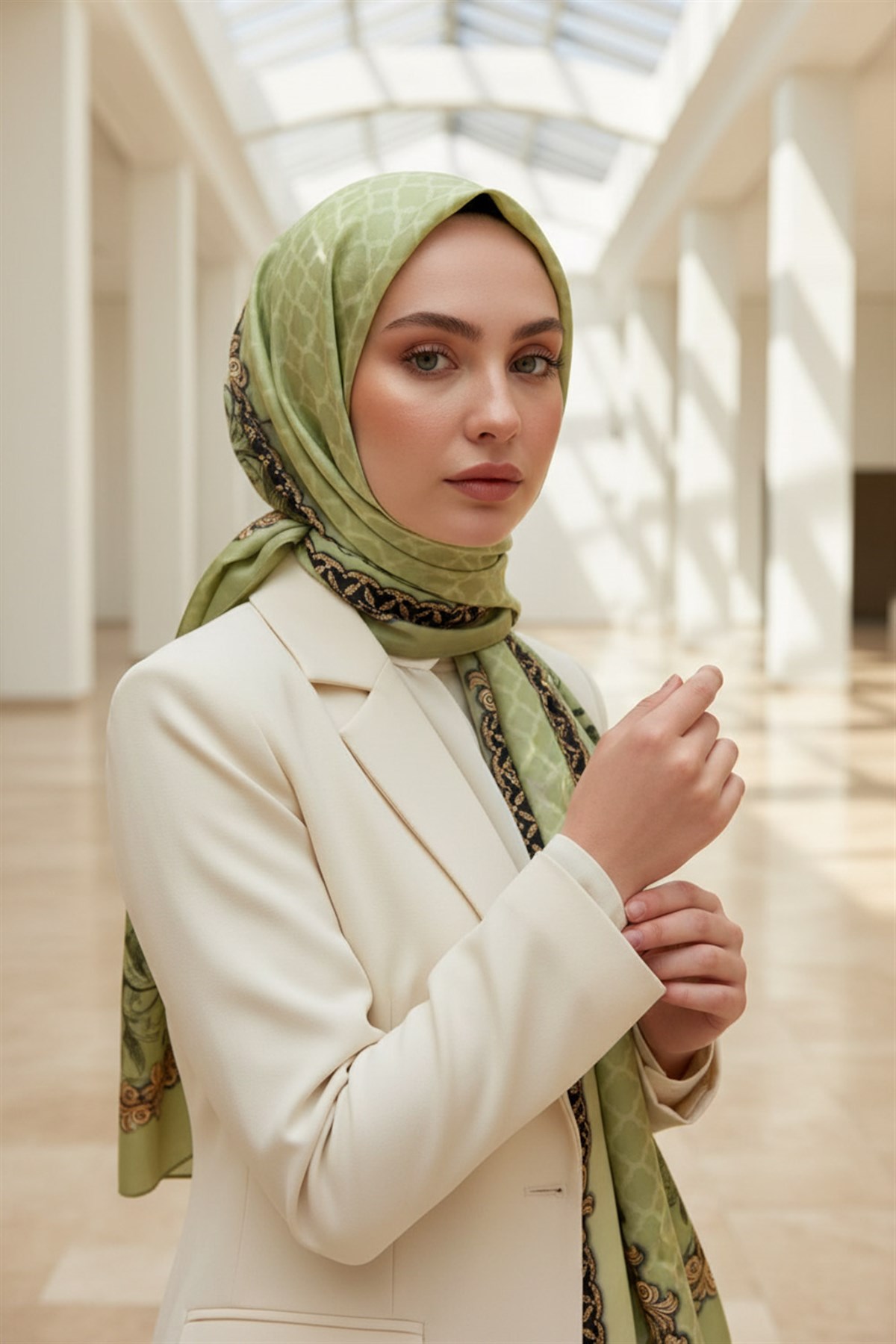 %100 Saf İpek Şal İnce Saten Vual Dokuma Yaprak Desenli Su Yeşili - Gold Renkli 90x210 Şal