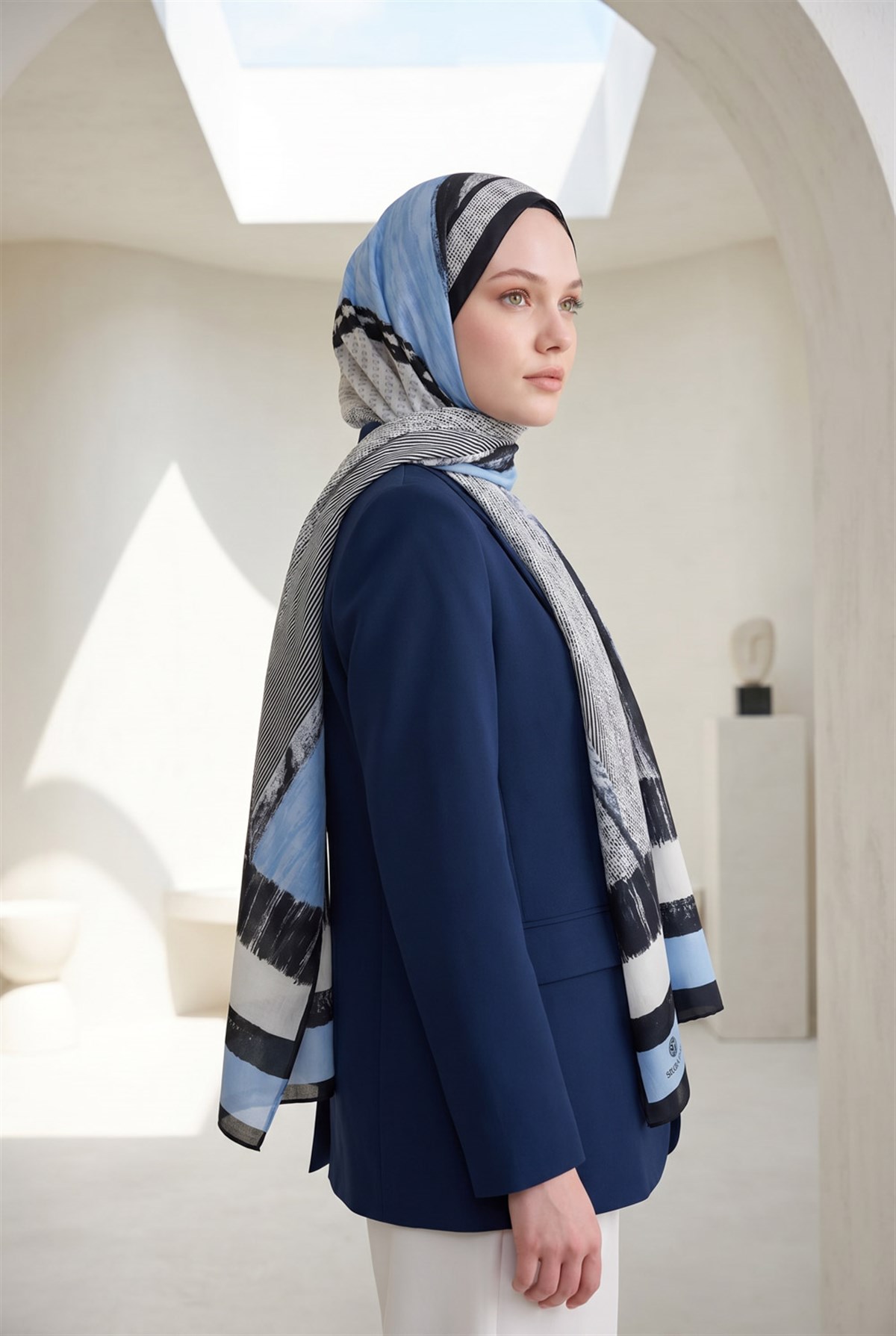 %100 Saf İpek Şal İnce Saten Vual Dokuma Patchwork Desenli Siyah - Bebe Mavisi Renkli 90x210 Şal