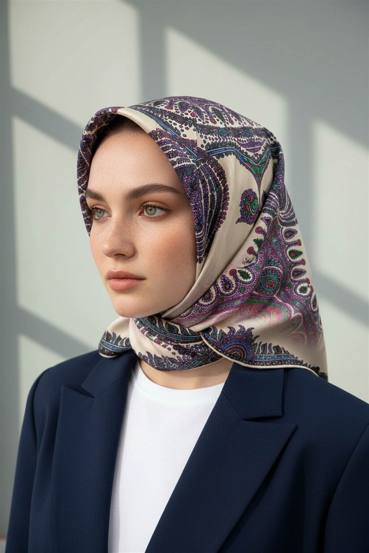 %100 Twill İpek Şal Desenli Krem Renkli 90x90 Eşarp Dikim Şekli : El Dikişi