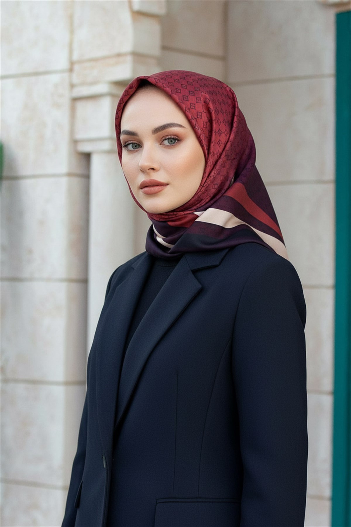 % 57 İPEK % 43 VİSKON Twill İpek Degrade Desenli Siyah - Kırmızı Renkli 90x90 Eşarp Dikim Şekli : El Dikişi
