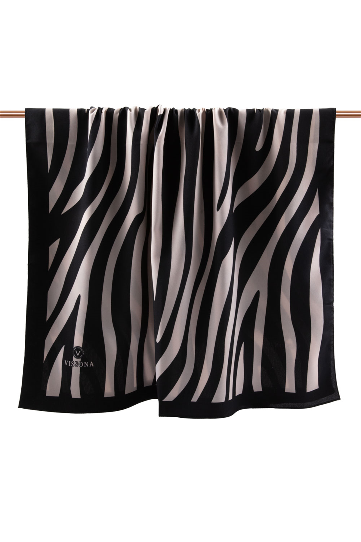 LÜKS MEDİNE İPEĞİ ZEBRA DESENLİ SİYAH - SÜTLÜKAHVE RENKLİ 75X195 KIRIŞMAZ ŞAL MOSS KREP DİKİŞ TİPİ İTALYAN DİKİŞLİ