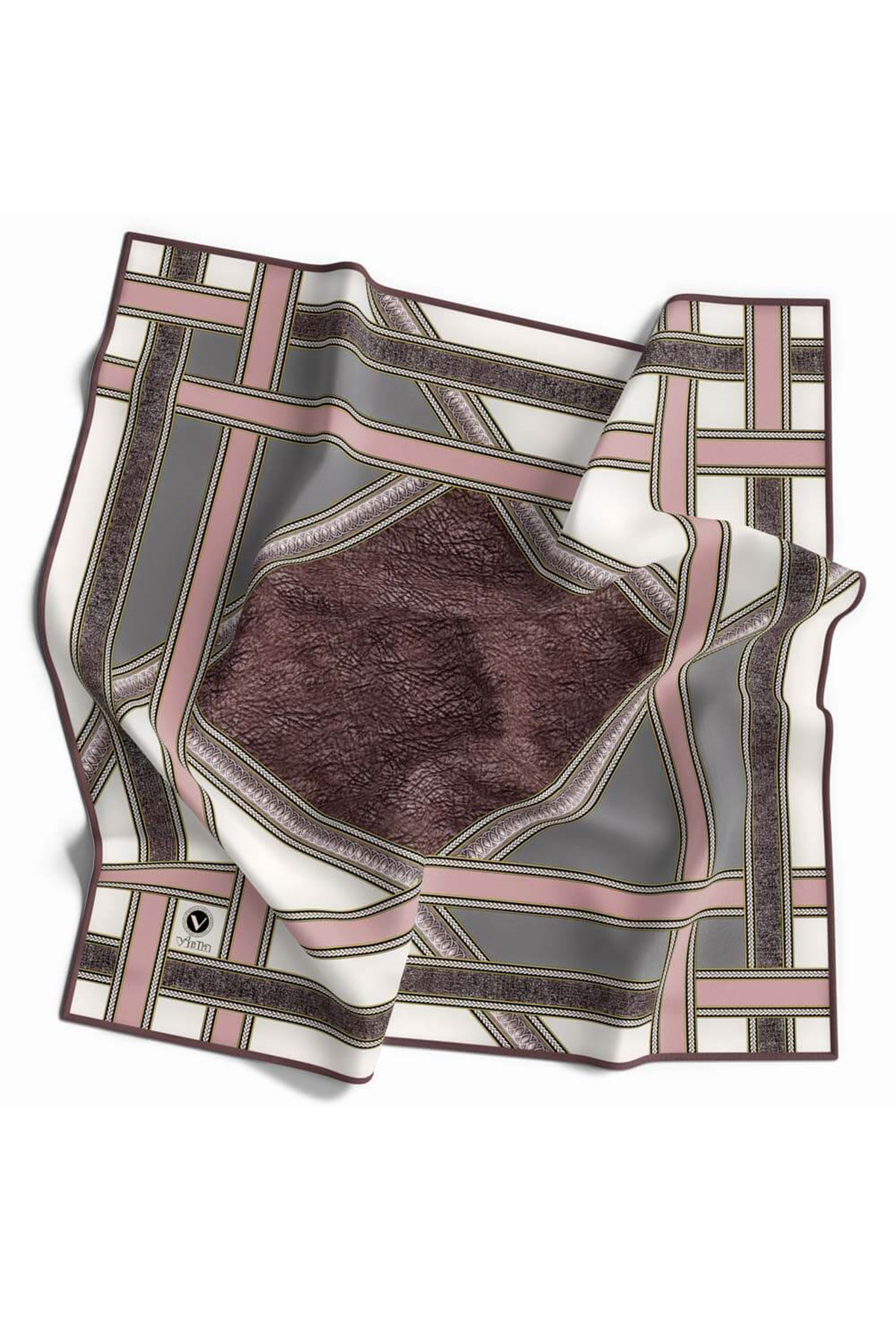 Twill Bordür Taş Desenli Pudra Renkli 90x90 Eşarp (İpek İçermez) Kenar Dikiş Şekli El Dikişli