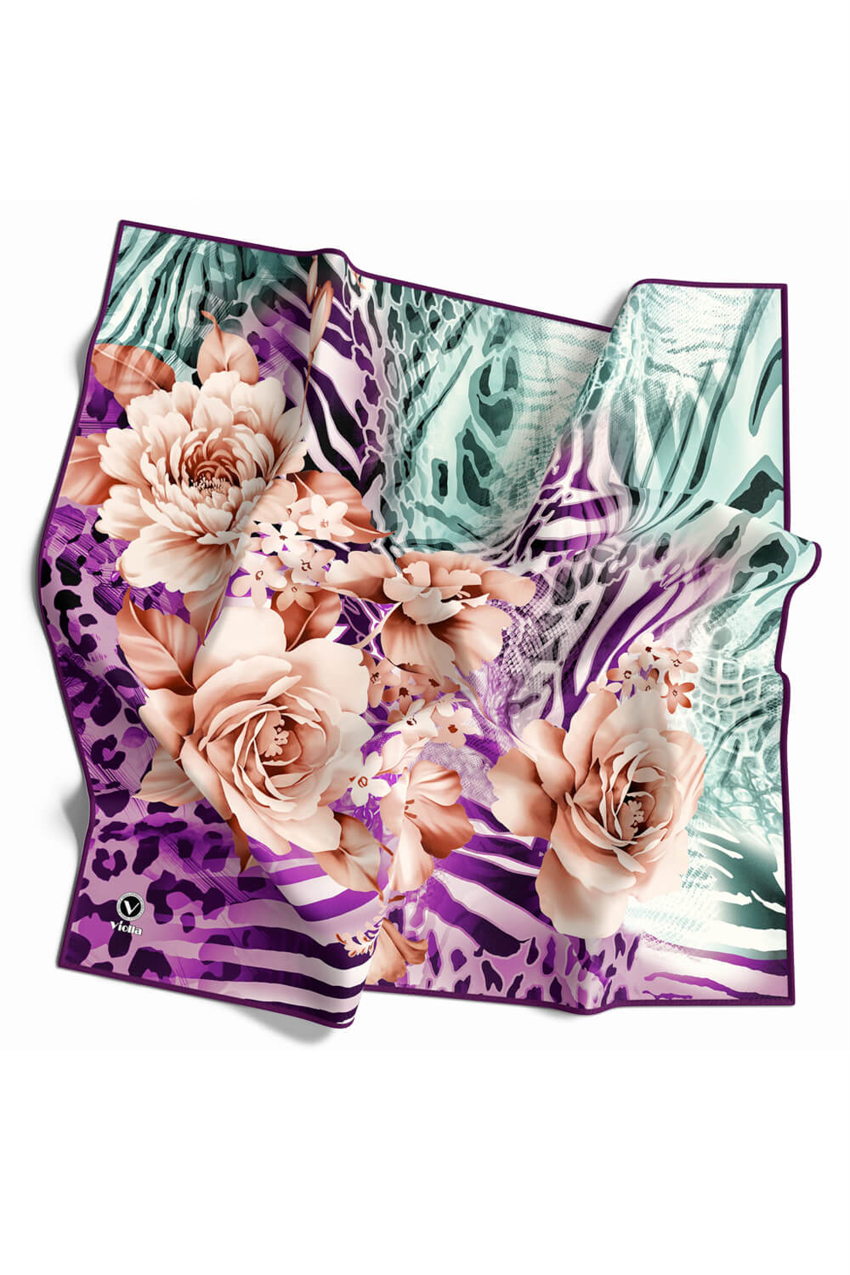 Twill Renkli Şerit Desenli Mor Renkli 90x90 Eşarp (İpek İçermez) Kenar Dikiş Şekli El Dikişli