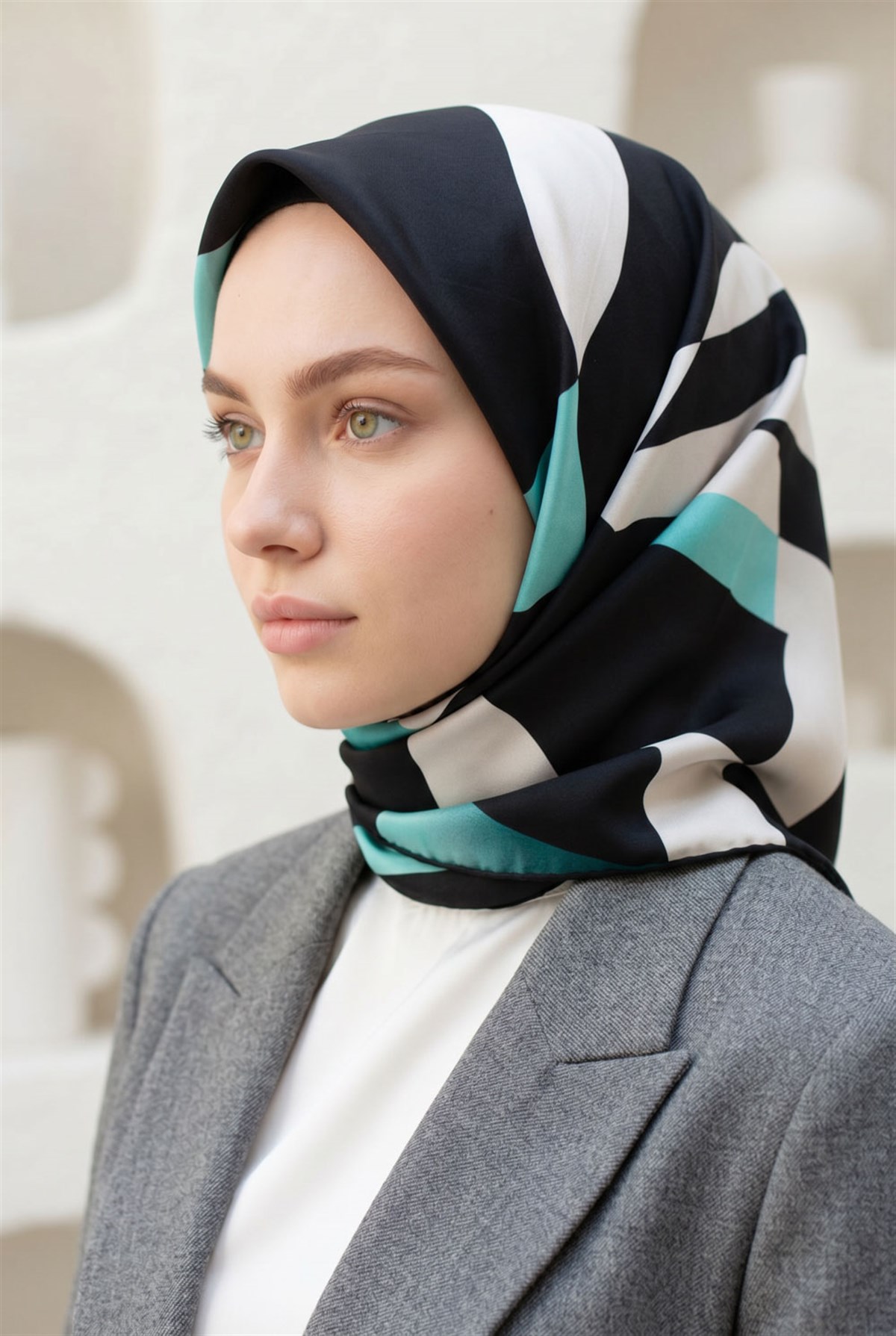 %100 Twill İpek Geometrik Desenli Mint Yeşili Renkli 90x90 Eşarp Dikim Şekli : El Dikişi