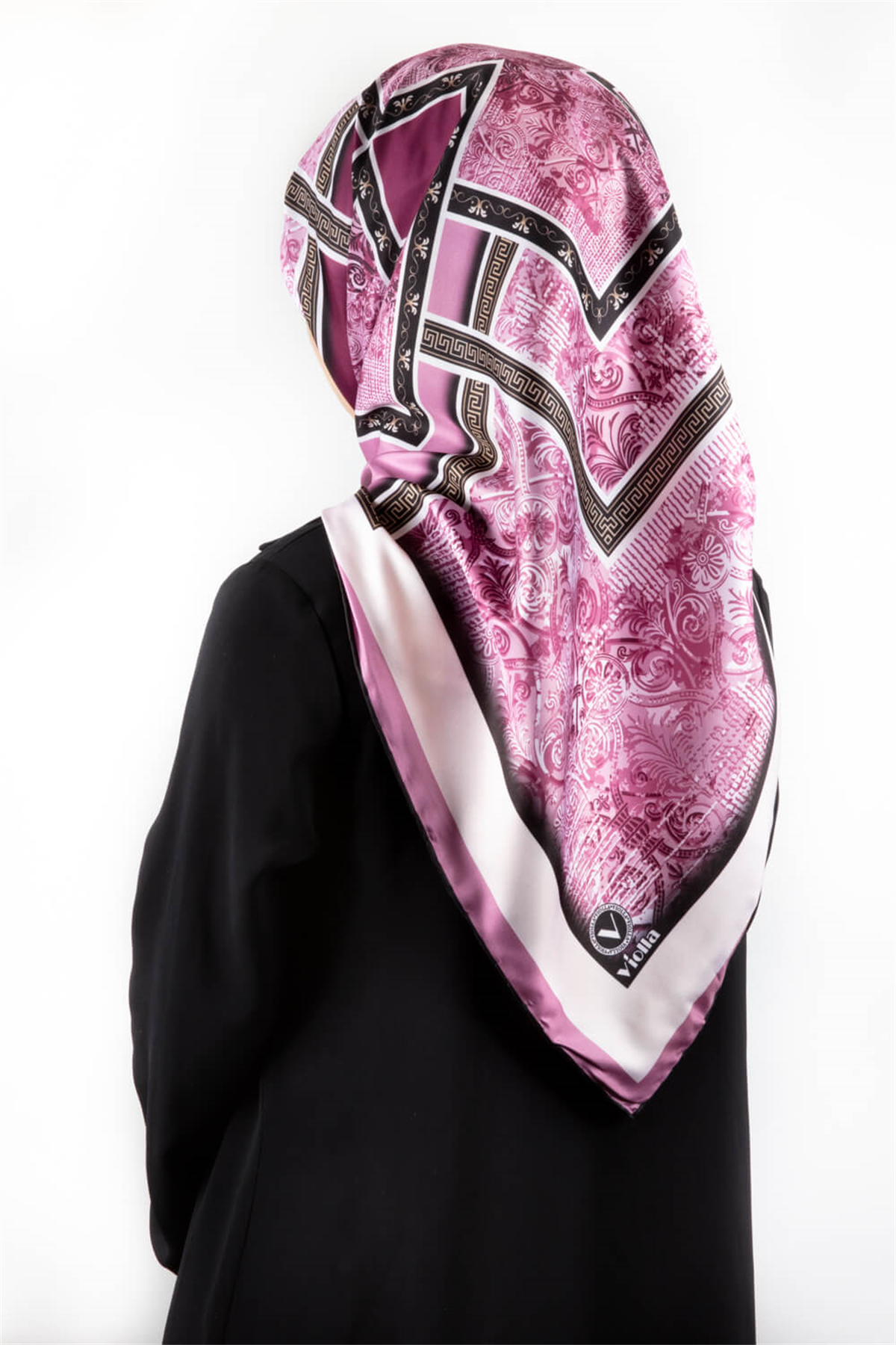 Twill Geometrik Desenli Mürdüm Renkli 90x90 Eşarp (İpek İçermez) Kenar Dikiş Şekli El Dikişli
