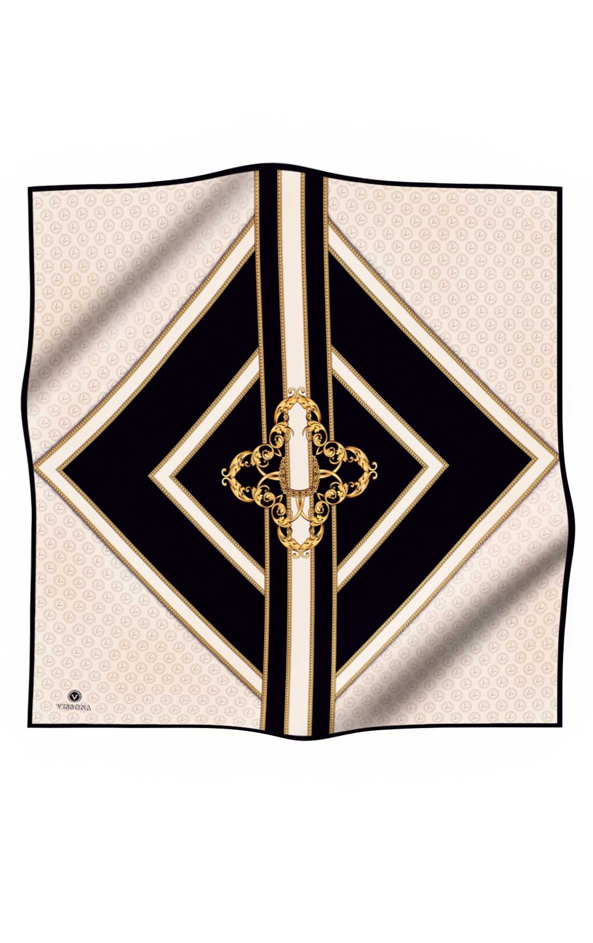 %100 Twill İpek Monogram ve Barok Desenli Krem - Siyah Renkli 90x90 Eşarp Dikim Şekli : El Dikişi