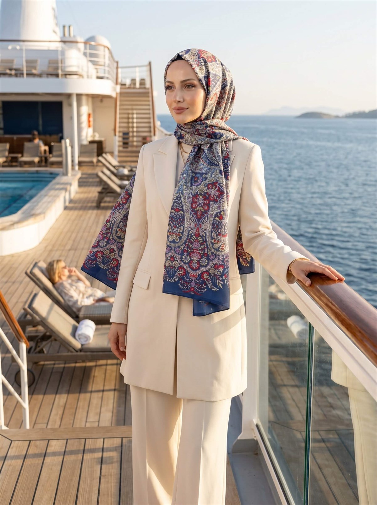 100% İpek Etro Desenli Lacivert - Kırmızı Renkli 92x210 Şal