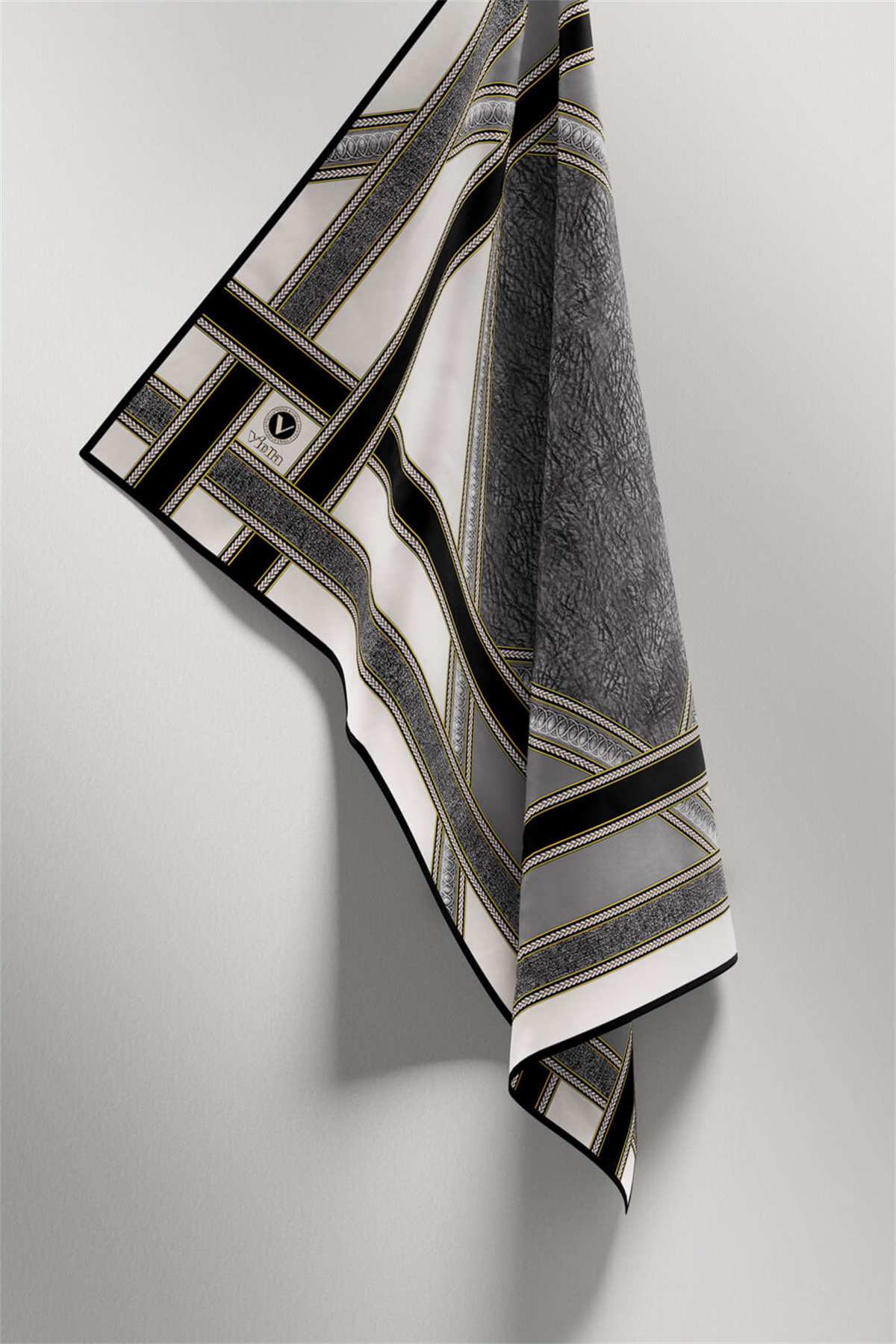 Twill Bordür Taş Desenli Gri Renkli 90x90 Eşarp (İpek İçermez) Kenar Dikiş Şekli El Dikişli