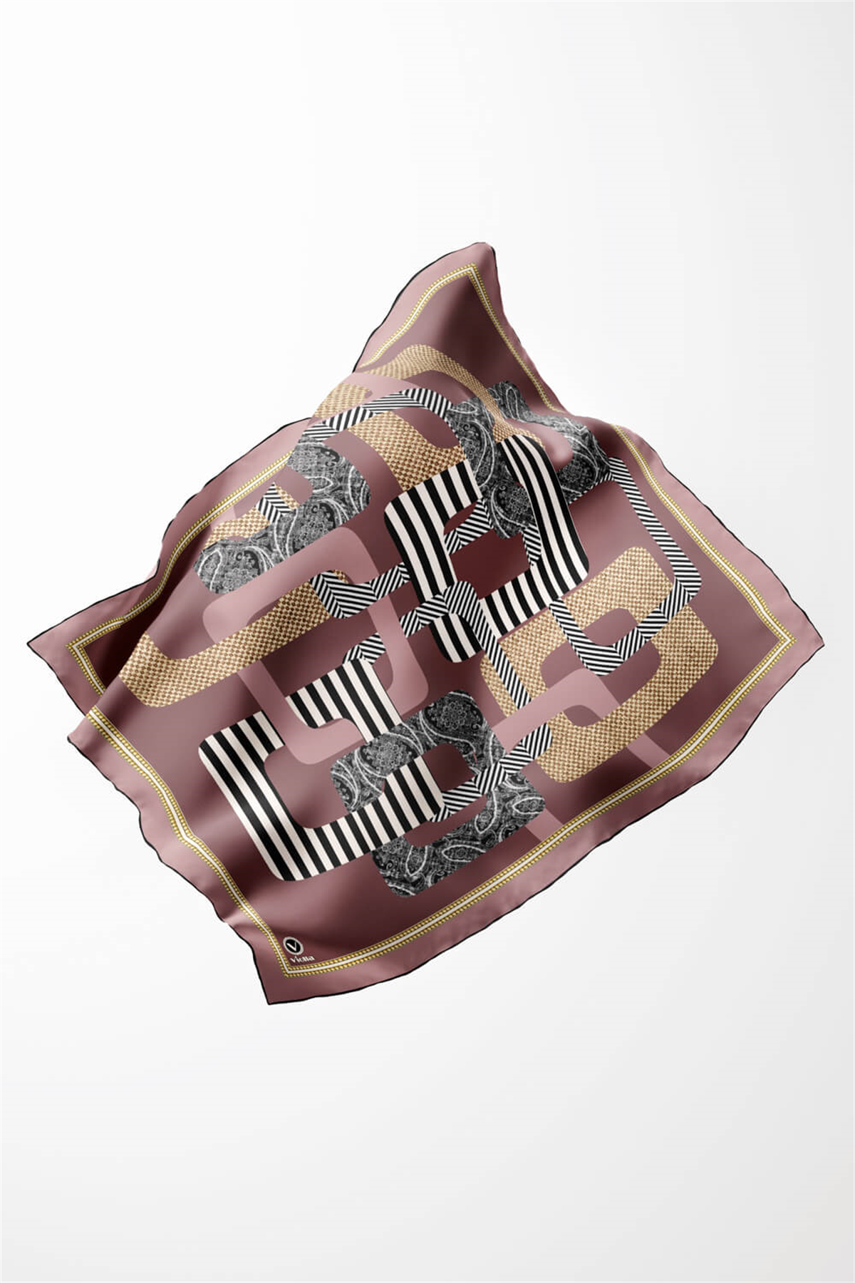Twill Geometrik Desenli Pudra Renkli 90x90 Eşarp (İpek İçermez) Kenar Dikiş Şekli El Dikişli