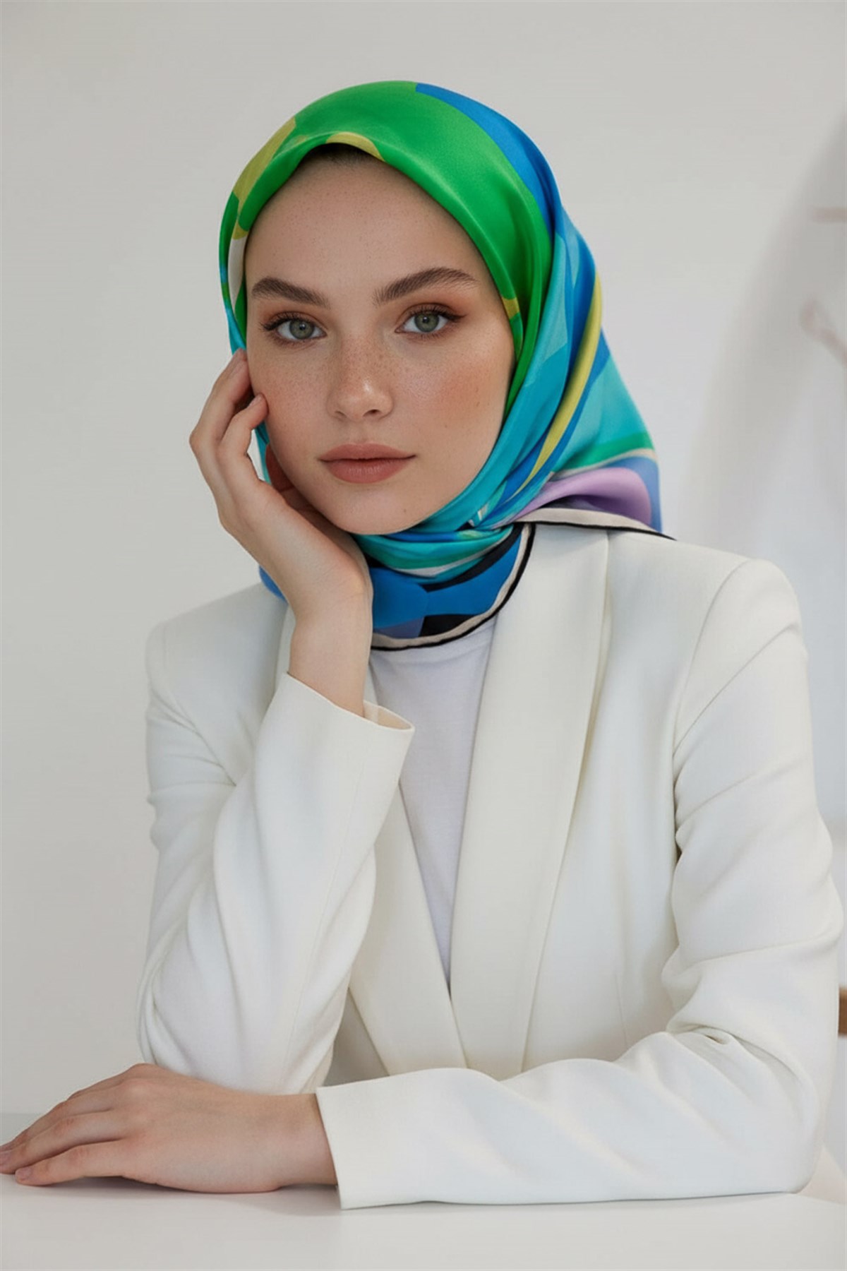 %100 Twill İpek Geometrik Desenli Zümrüt Yeşili - İndigo Renkli 90x90 Eşarp Dikim Şekli : El Dikişi