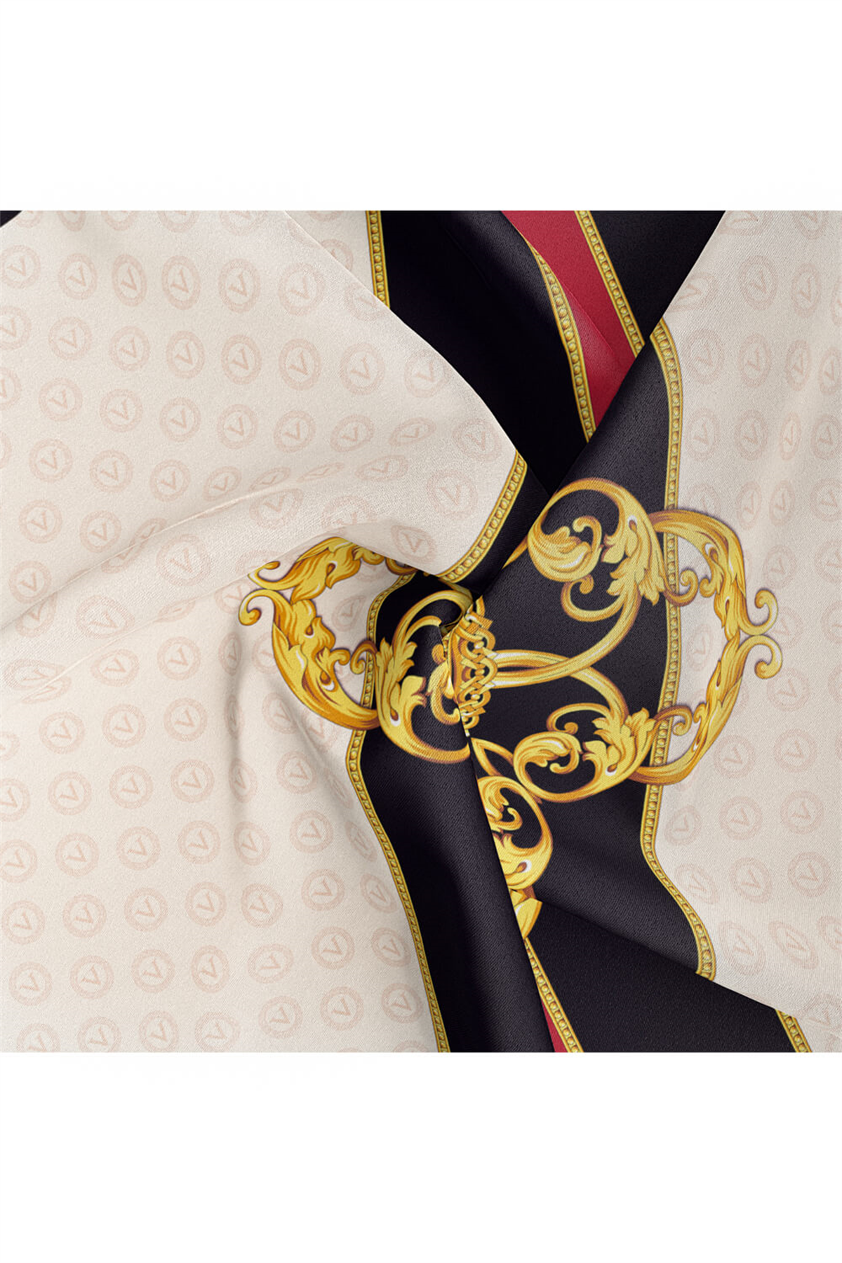 %100 Twill İpek Monogram Ve Barok Desenli Krem - Bordo Renkli 90x90 Eşarp Dikim Şekli : El Dikişi