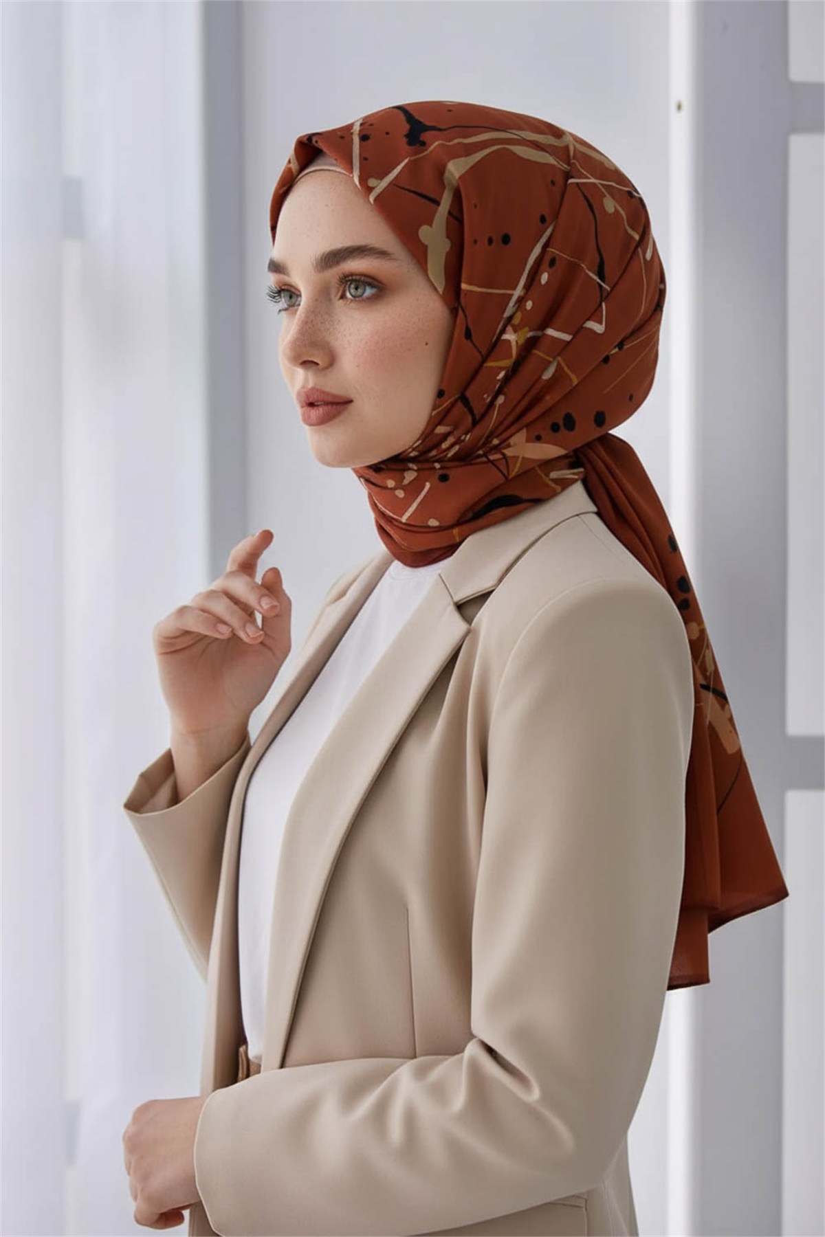 KREP BOYA DAMLASI DESENLİ TABA RENKLİ 75X195 KIRIŞMAZ ŞAL