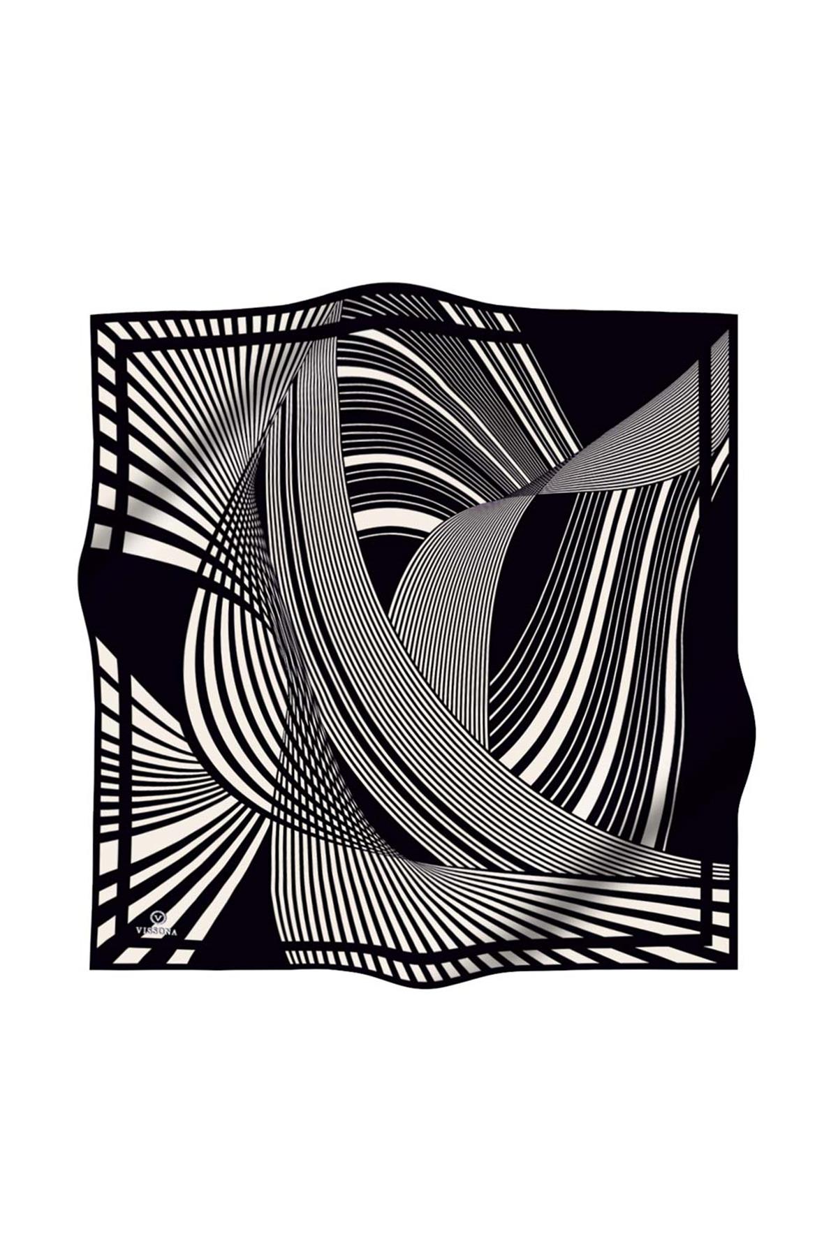 %100 Twill İpek Çizgili Desenli Siyah - Krem Renkli 90x90 Eşarp Dikim Şekli : El Dikişi