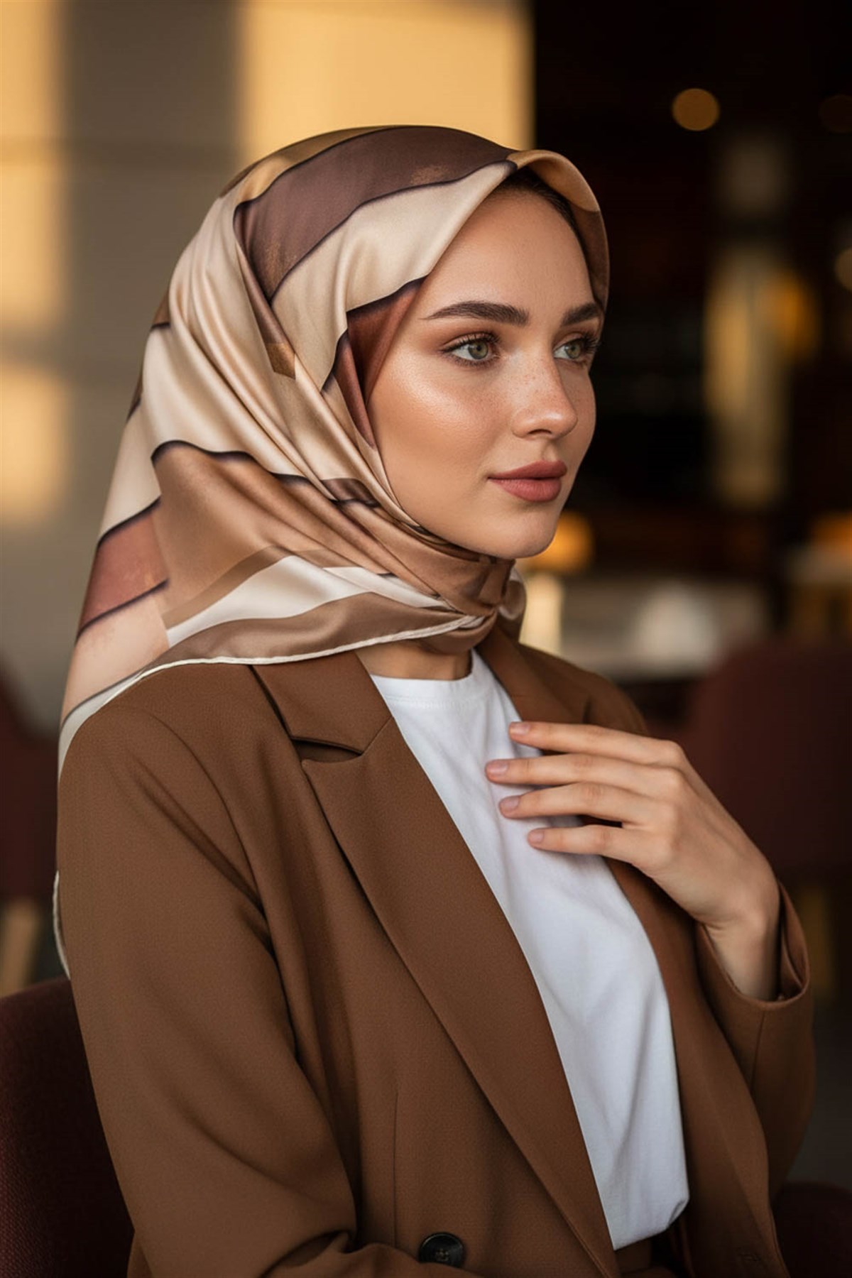 % 57 İPEK % 43 VİSKON Twill Geometrik Bulut  Desenli  Bej Vizon  Renkli 90x90 Eşarp Dikim Şekli: El Dikişi