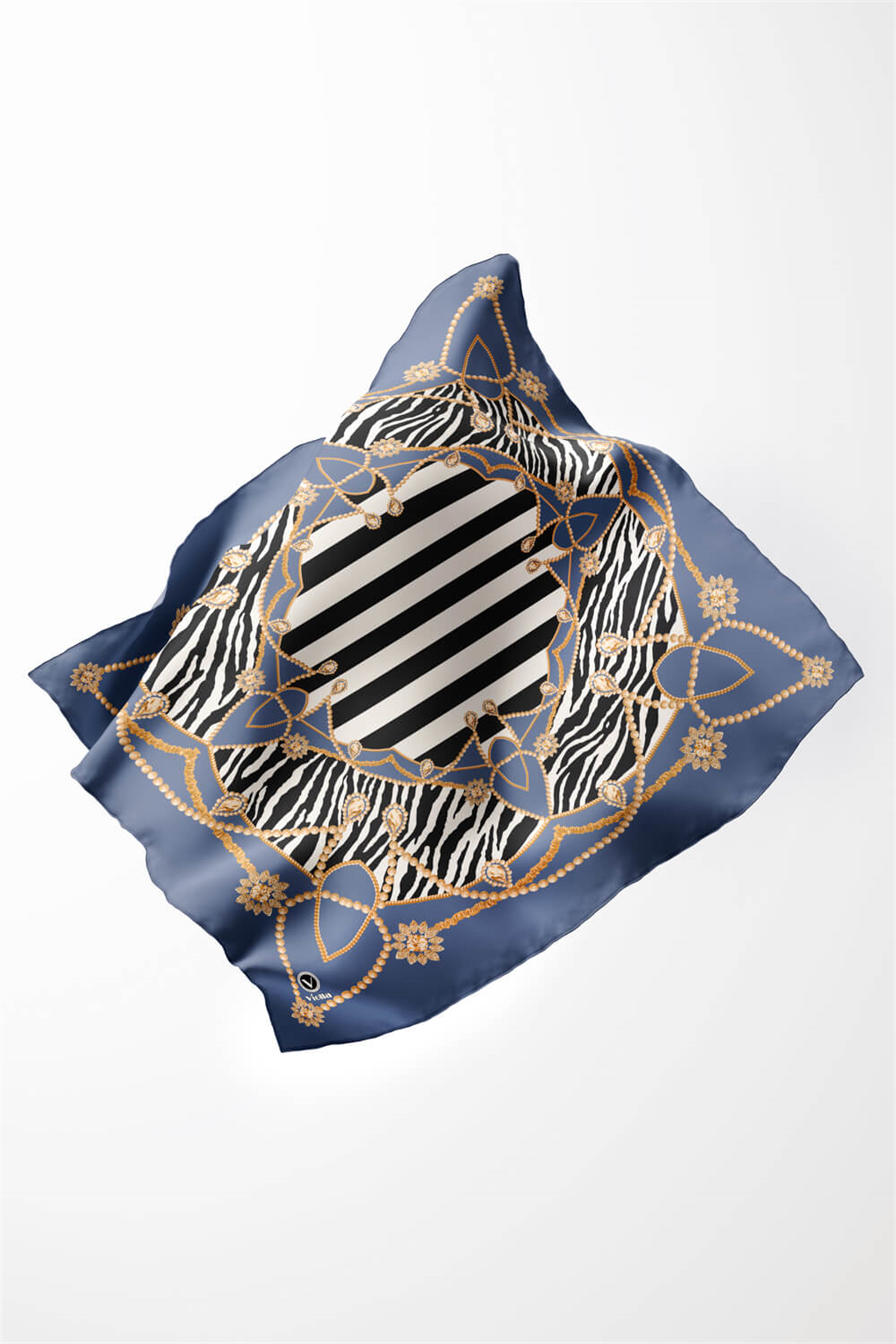 Twill Gold Detaylı Zebra Desenli İndigo Renkli 90x90 Eşarp (İpek İçermez) Kenar Dikiş Şekli El Dikişli
