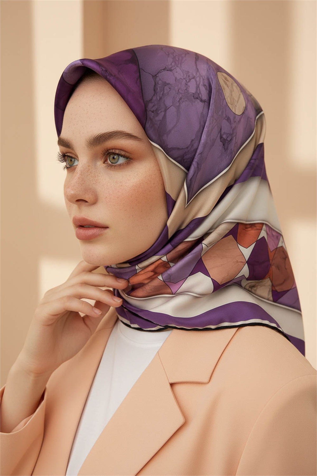 Rayon Geometrik Mermer Desenli Lila Renkli 90x90 Eşarp (İpek İçermez) Kenar Dikiş Şekli El Dikişli